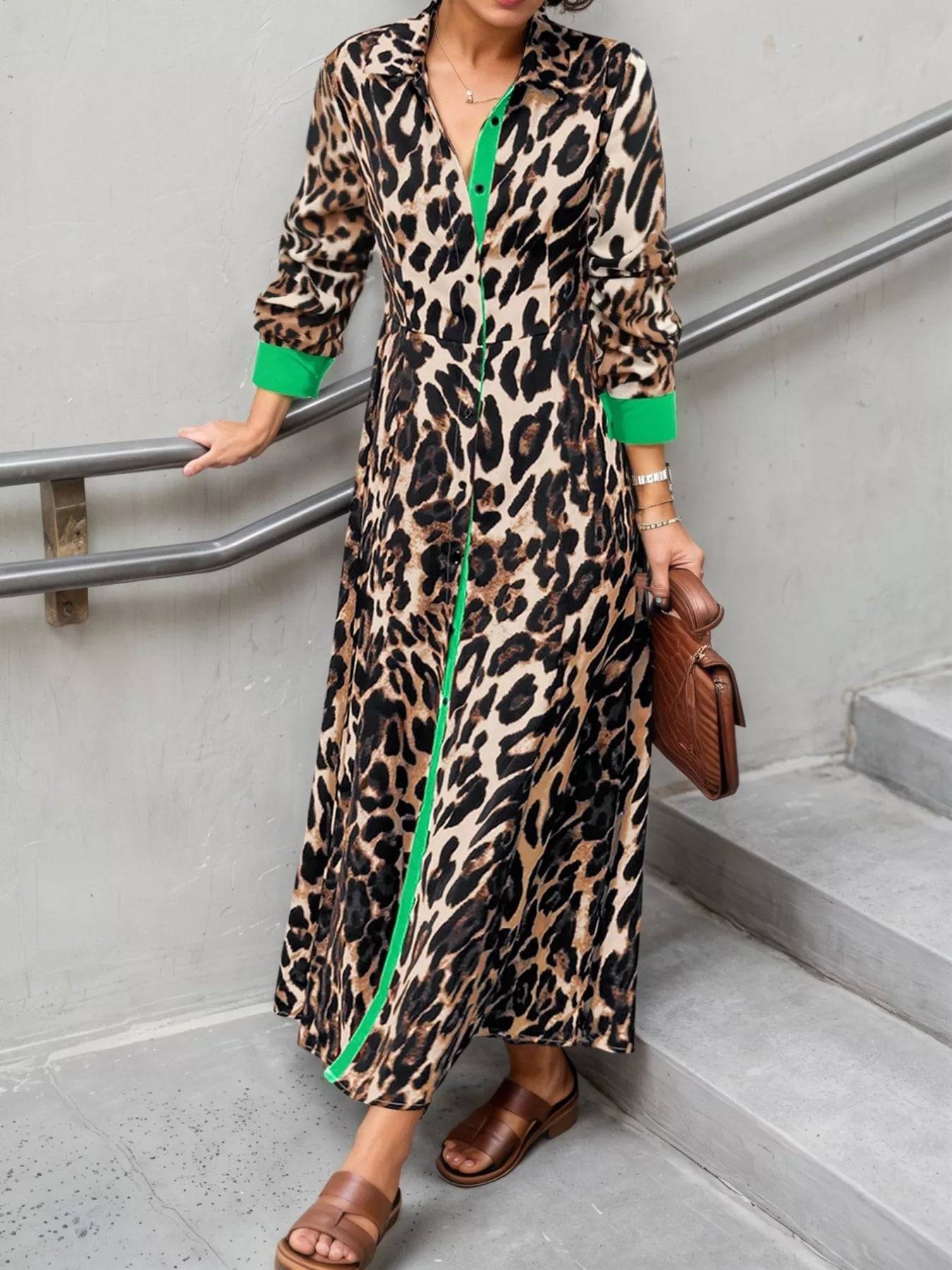 Leopard Print Long Sleeve Shirt Dress with Contrast Trim - MAD RUFFI