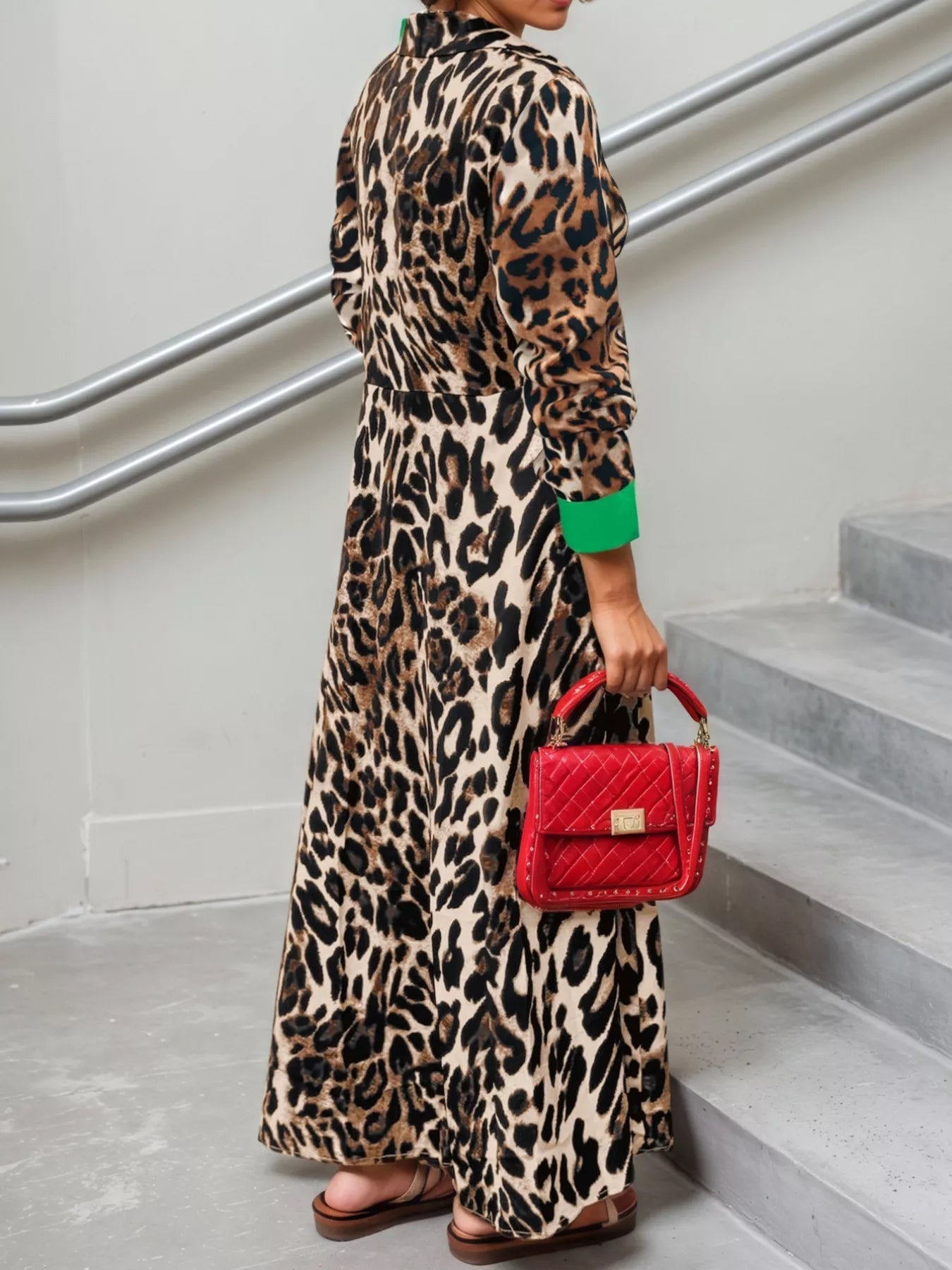 Leopard Print Long Sleeve Shirt Dress with Contrast Trim - MAD RUFFI