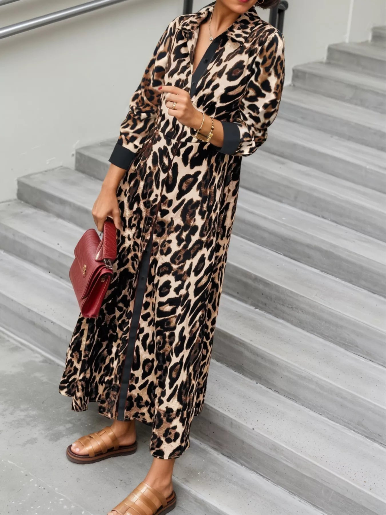 Leopard Print Long Sleeve Shirt Dress with Contrast Trim - MAD RUFFI