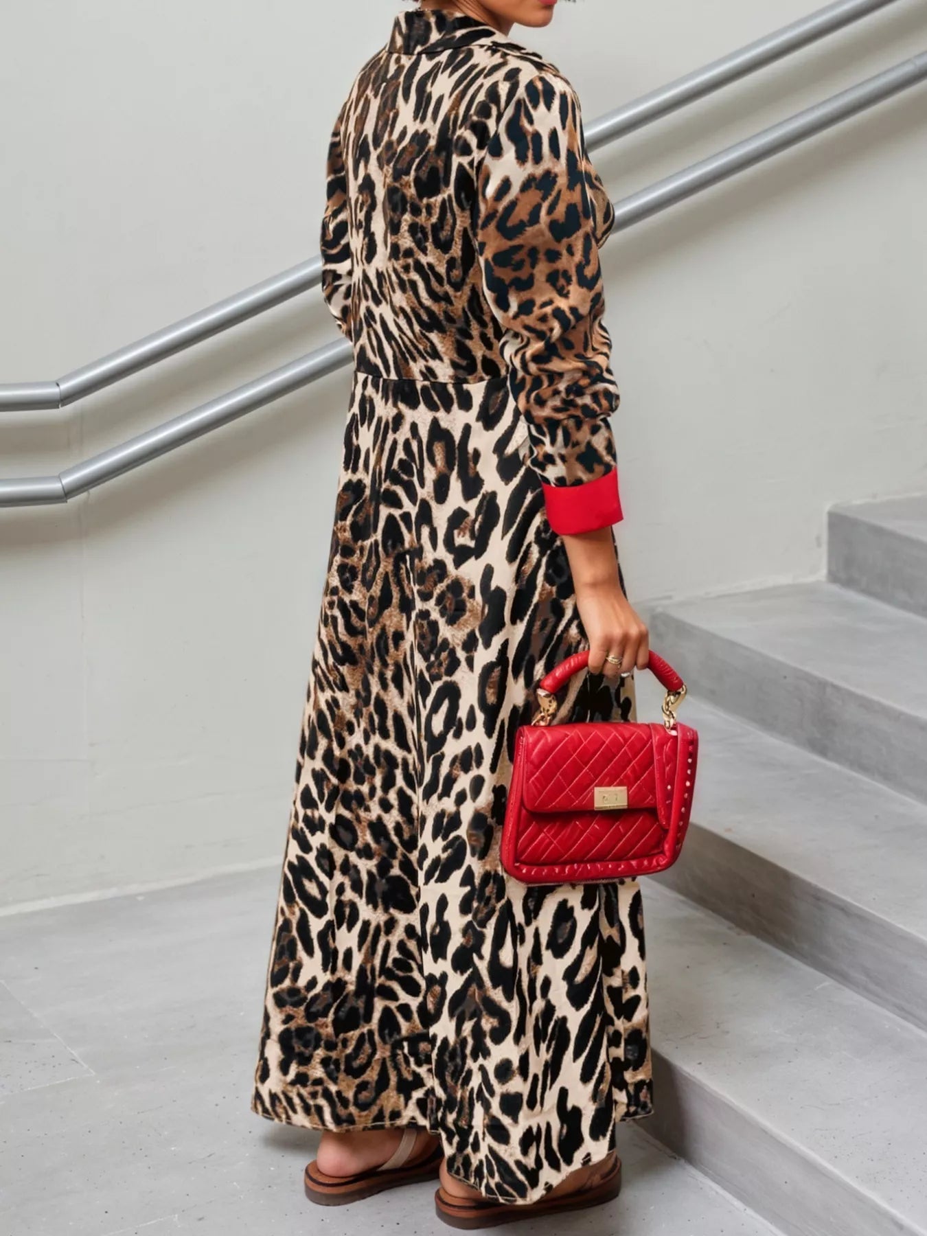 Leopard Print Long Sleeve Shirt Dress with Contrast Trim - MAD RUFFI