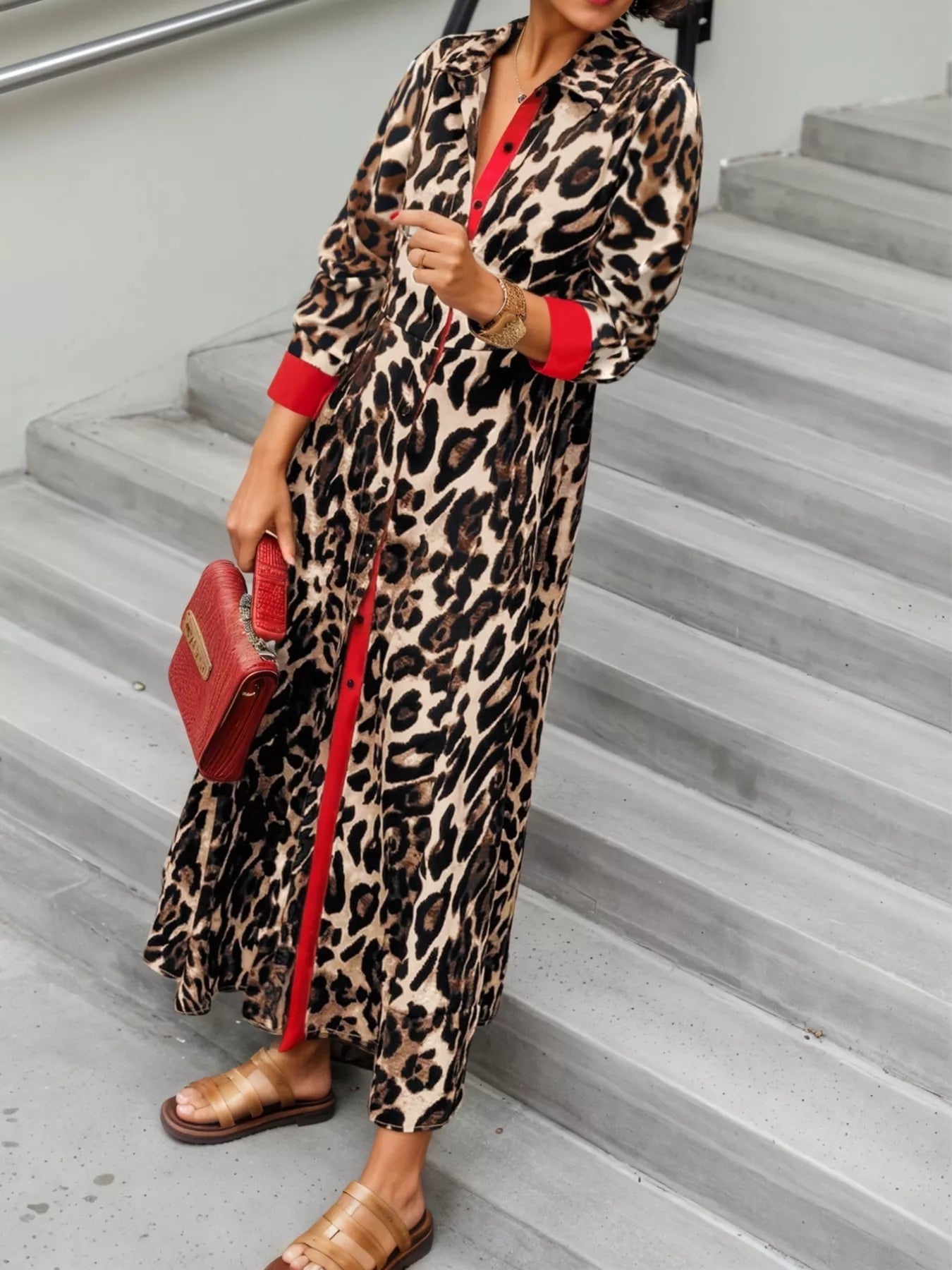 Leopard Print Long Sleeve Shirt Dress with Contrast Trim - MAD RUFFI