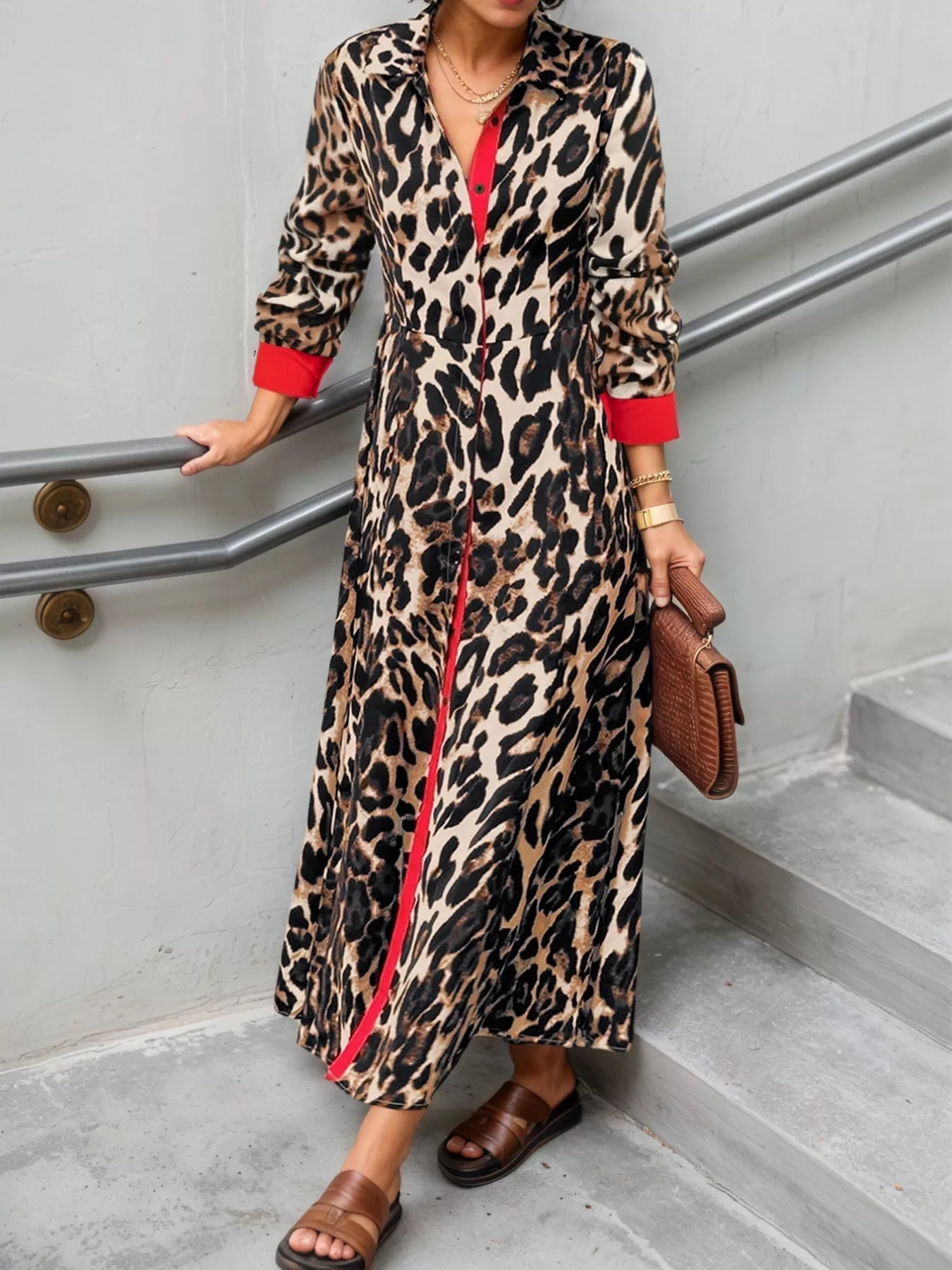 Leopard Print Long Sleeve Shirt Dress with Contrast Trim - MAD RUFFI