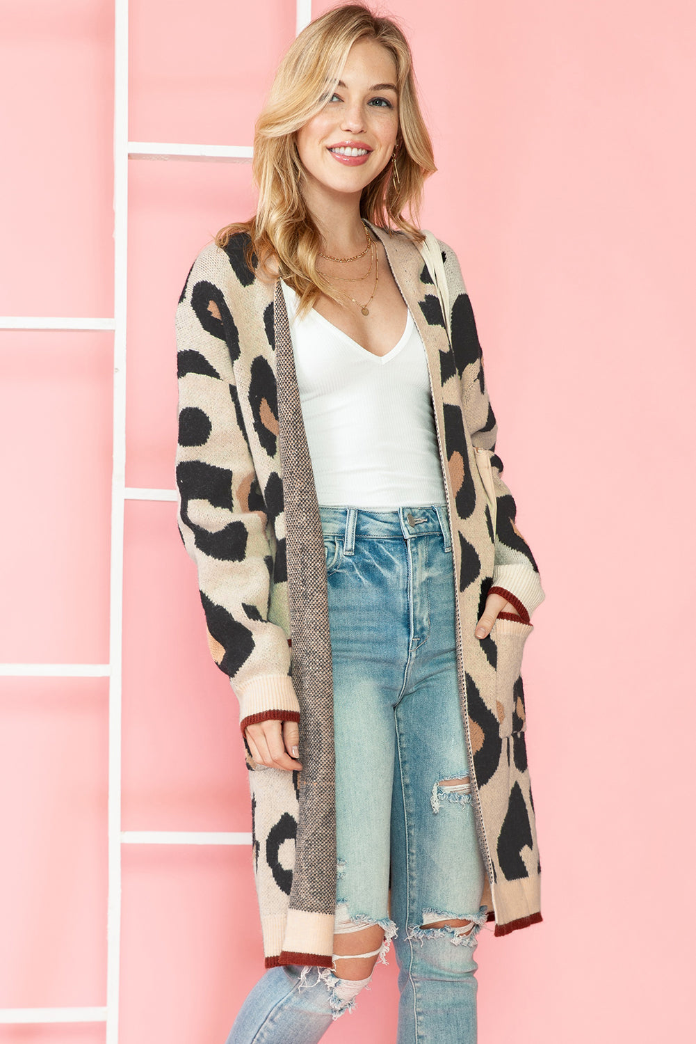 Leopard Print Open Front Pockets Midi Cardigan - MAD RUFFI