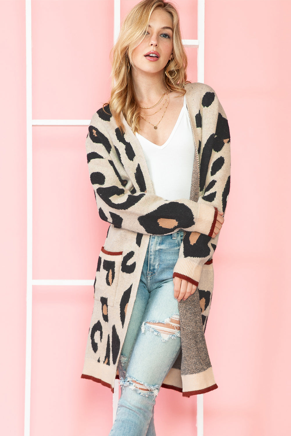 Leopard Print Open Front Pockets Midi Cardigan - MAD RUFFI