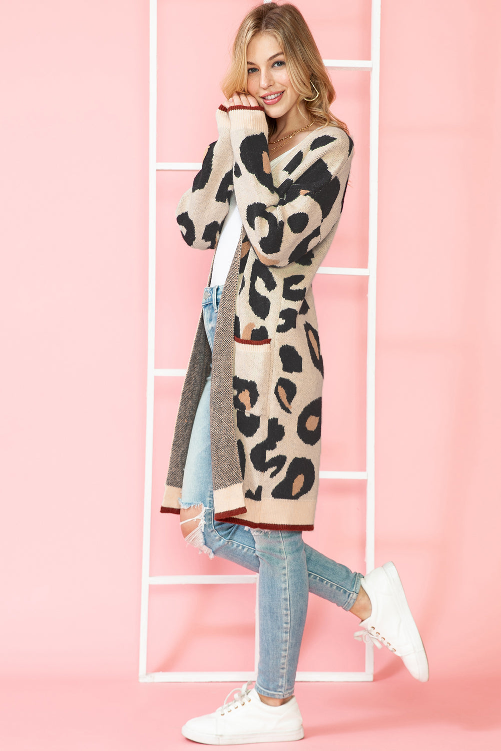 Leopard Print Open Front Pockets Midi Cardigan - MAD RUFFI