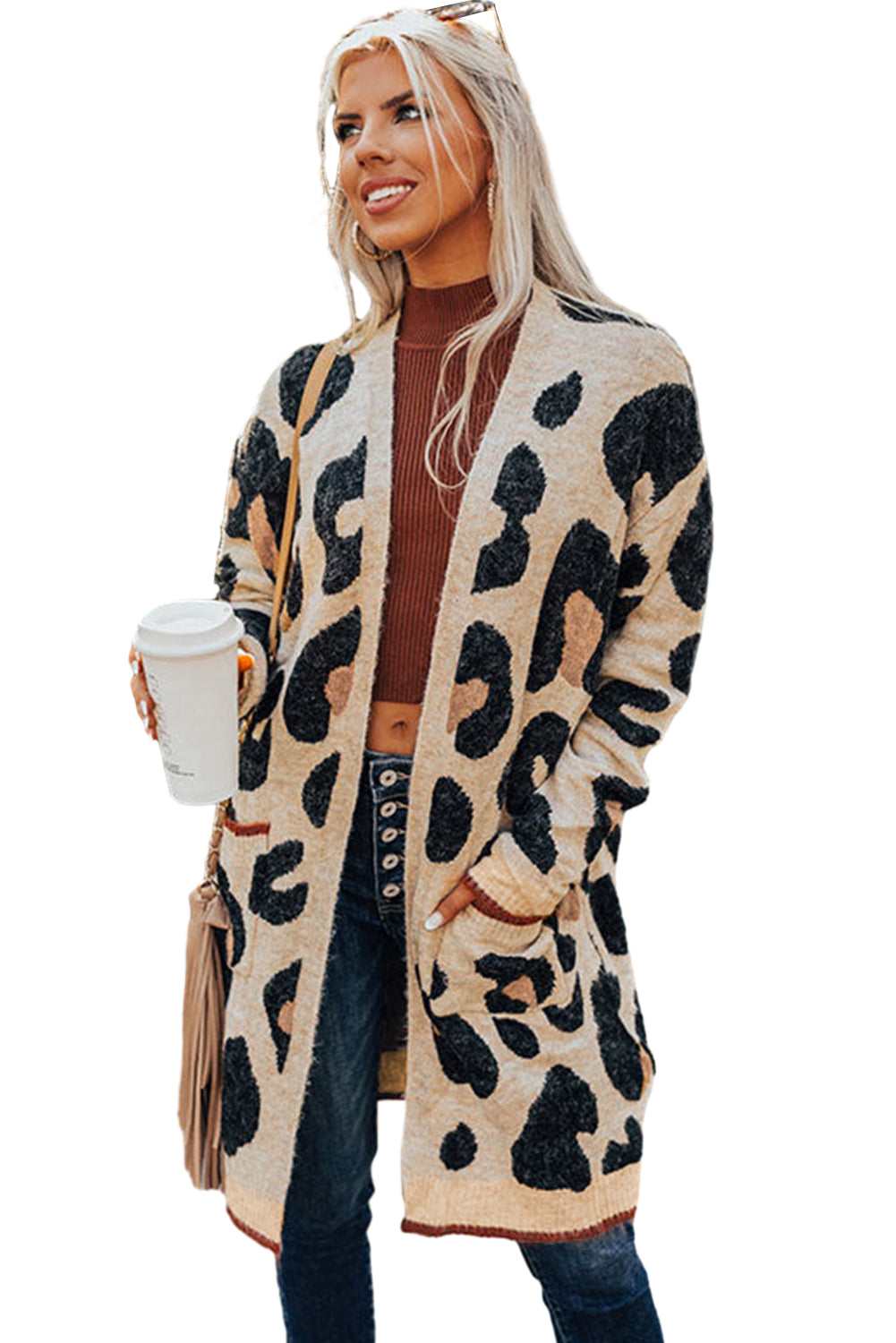 Leopard Print Open Front Pockets Midi Cardigan - MAD RUFFI