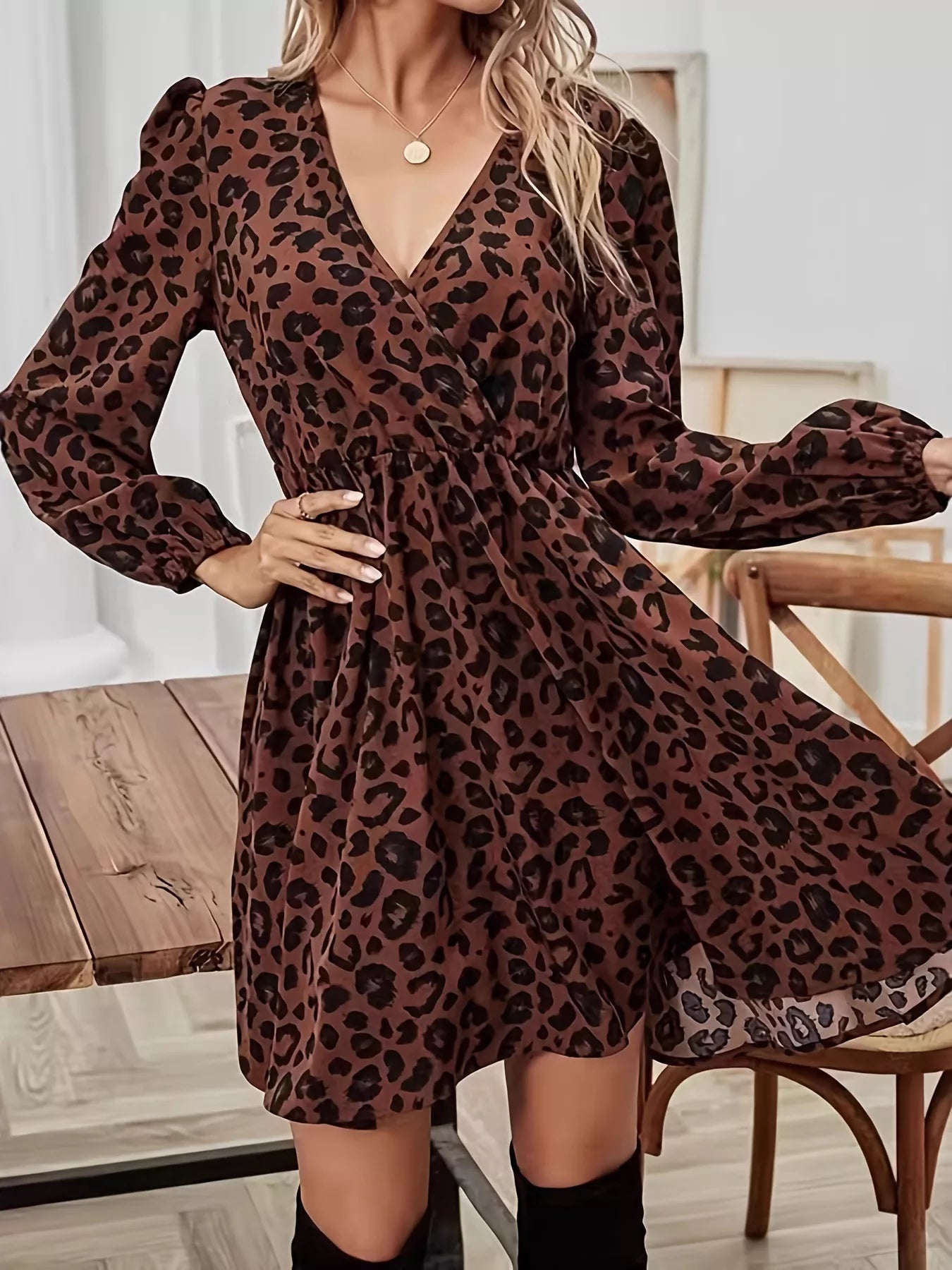 Leopard Print V - Neck Long Sleeve Mini Dress - MAD RUFFI