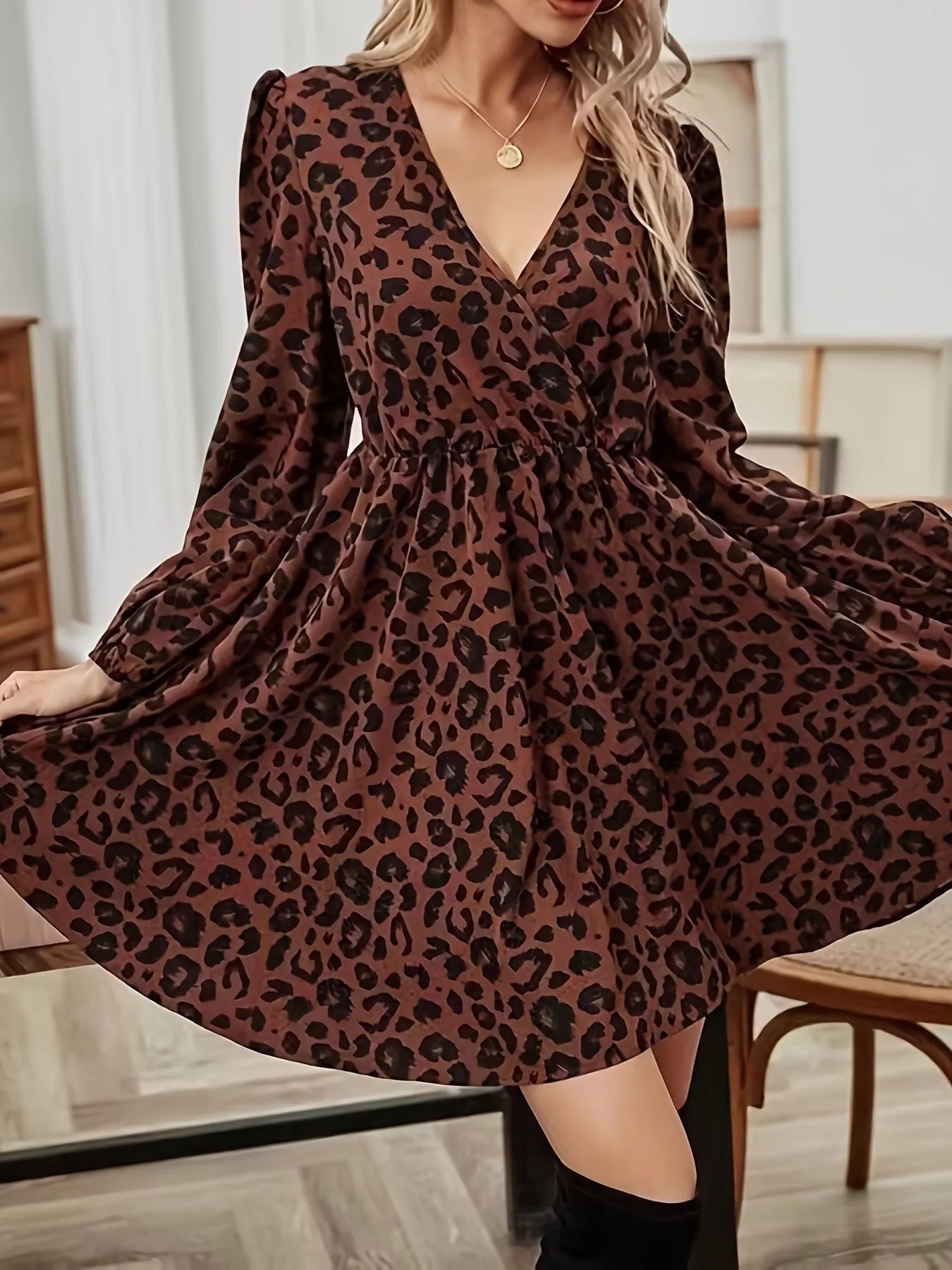 Leopard Print V - Neck Long Sleeve Mini Dress - MAD RUFFI