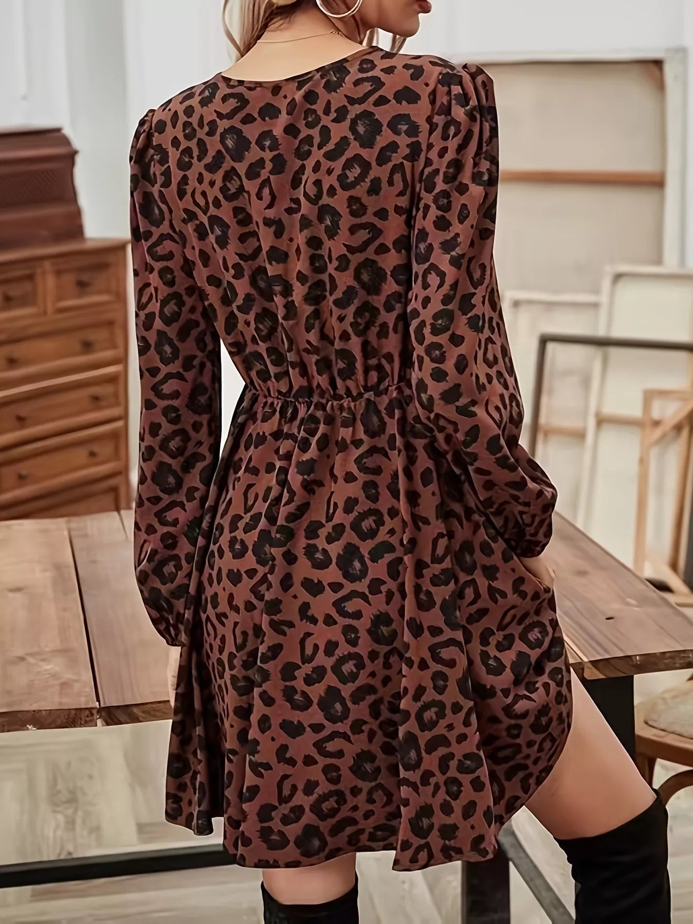 Leopard Print V - Neck Long Sleeve Mini Dress - MAD RUFFI