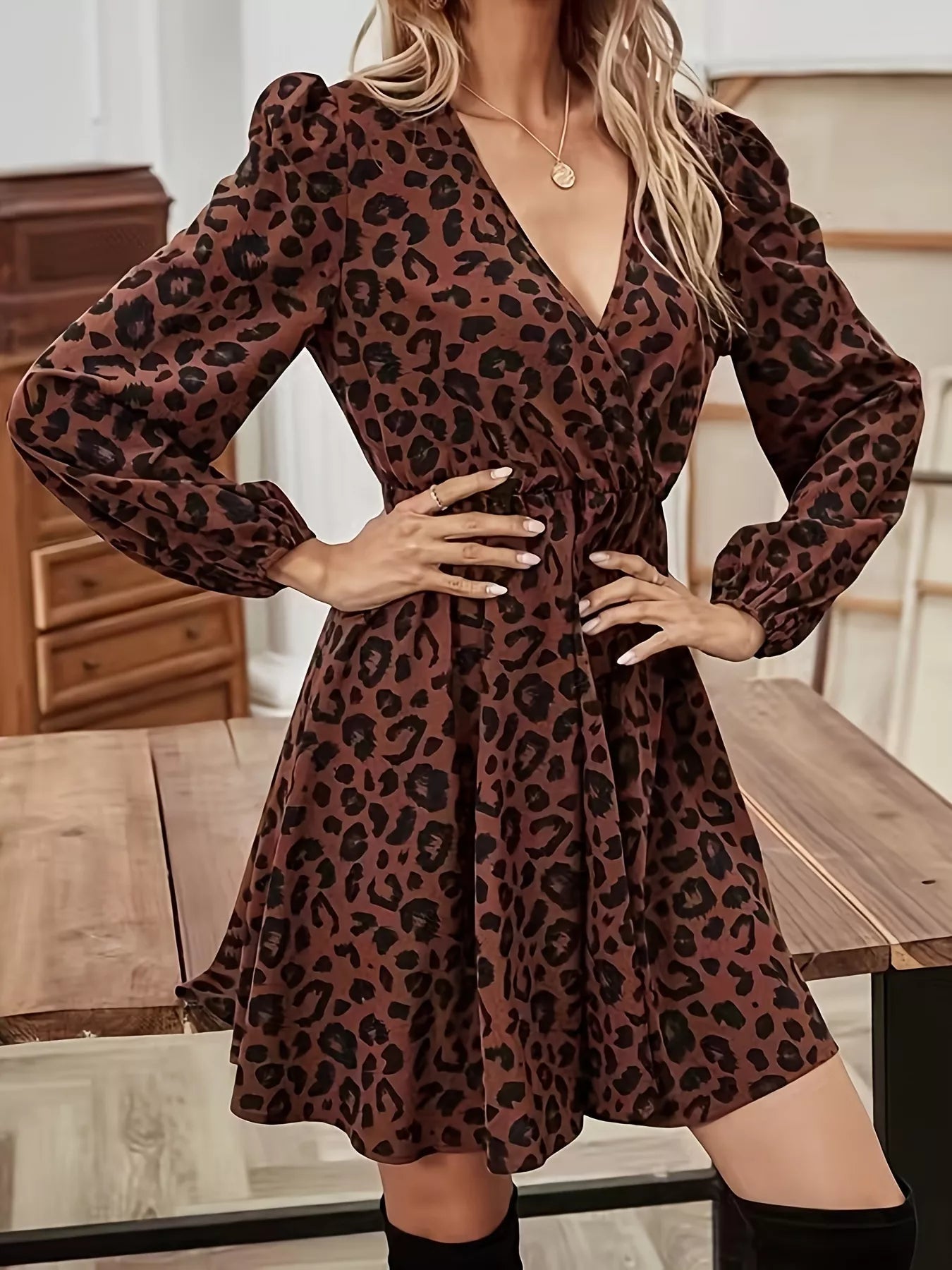 Leopard Print V - Neck Long Sleeve Mini Dress - MAD RUFFI