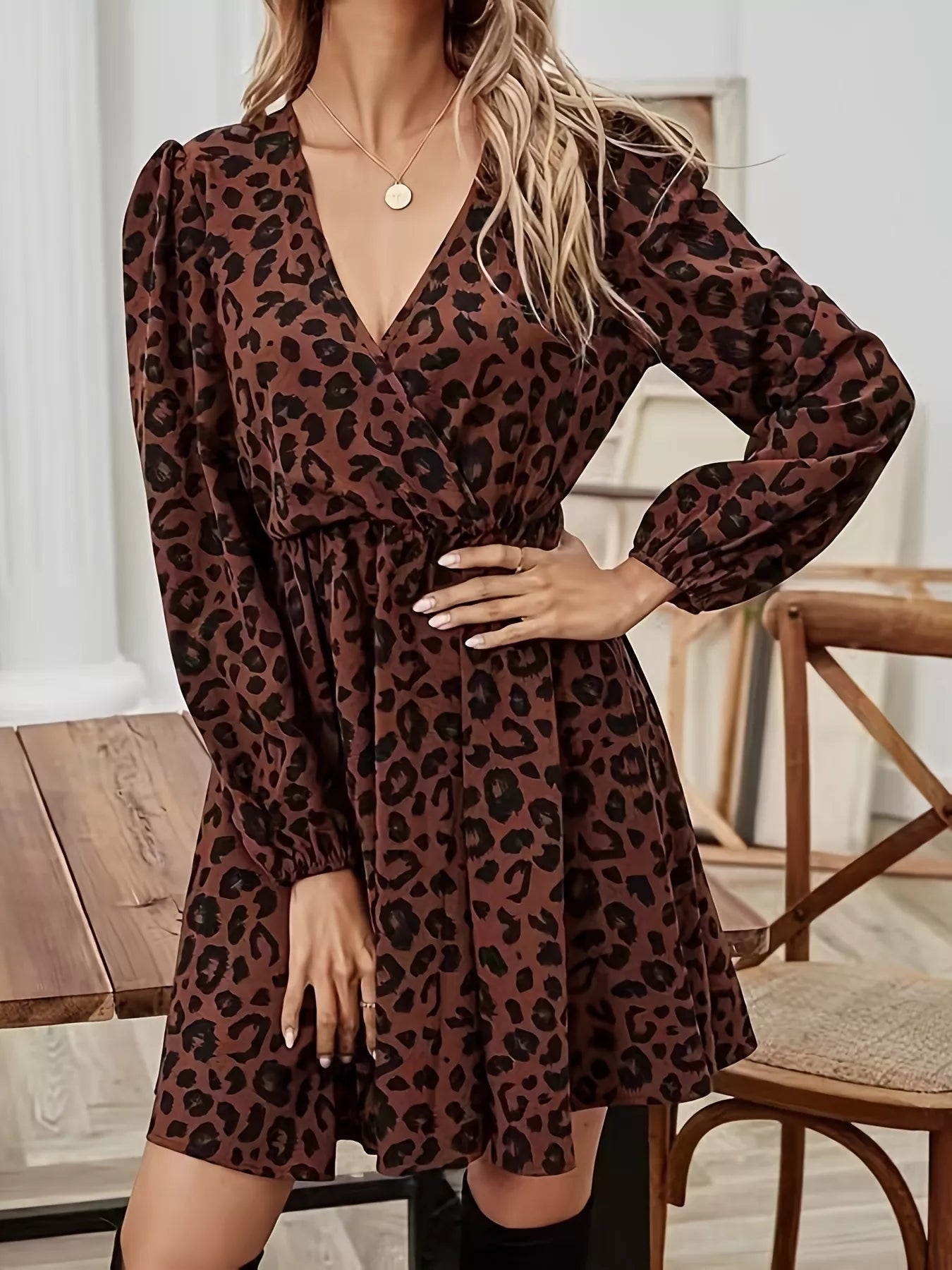 Leopard Print V - Neck Long Sleeve Mini Dress - MAD RUFFI