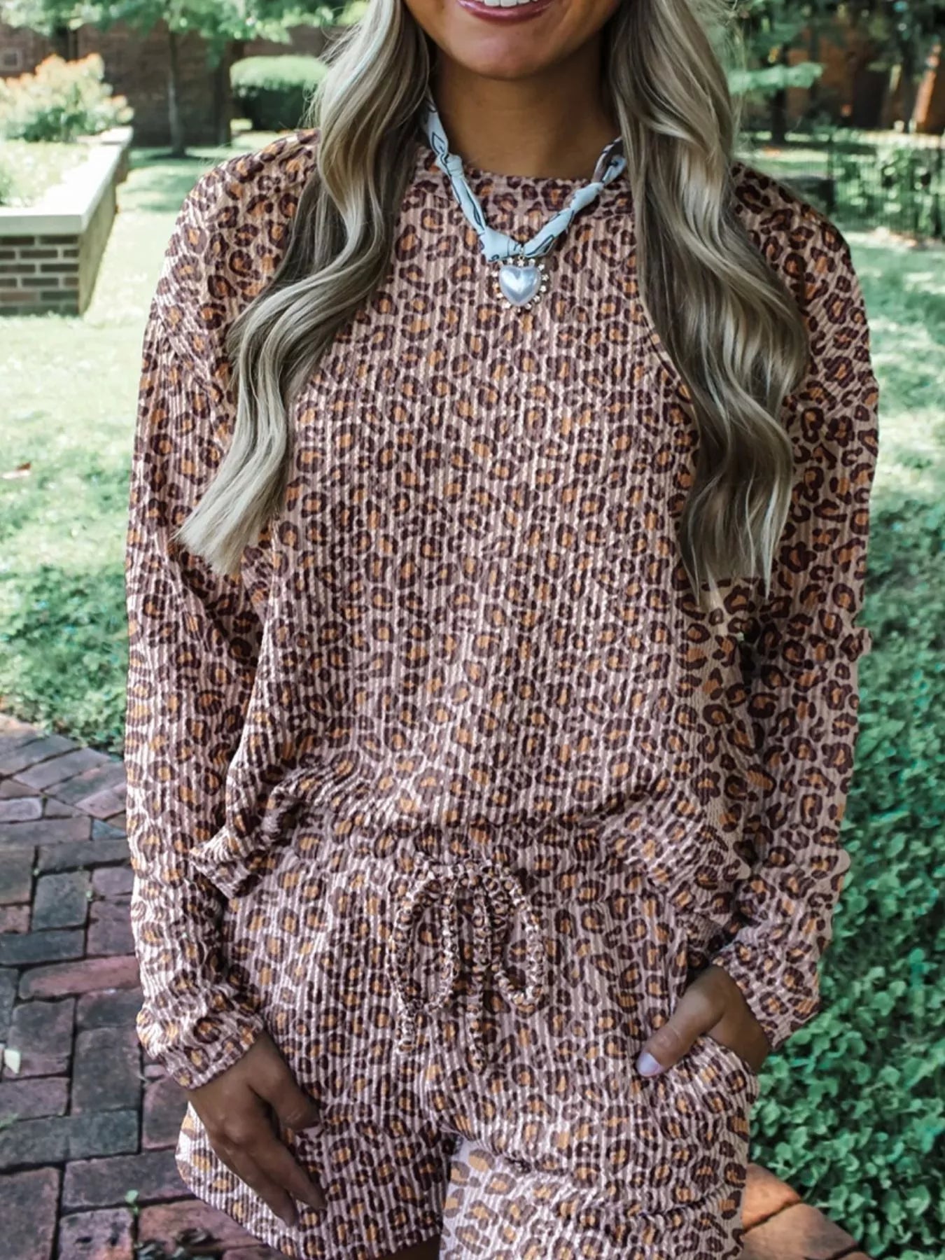 Leopard Ribbed Long Sleeve Top Drawstring Shorts 2pcs Outfit - MAD RUFFI