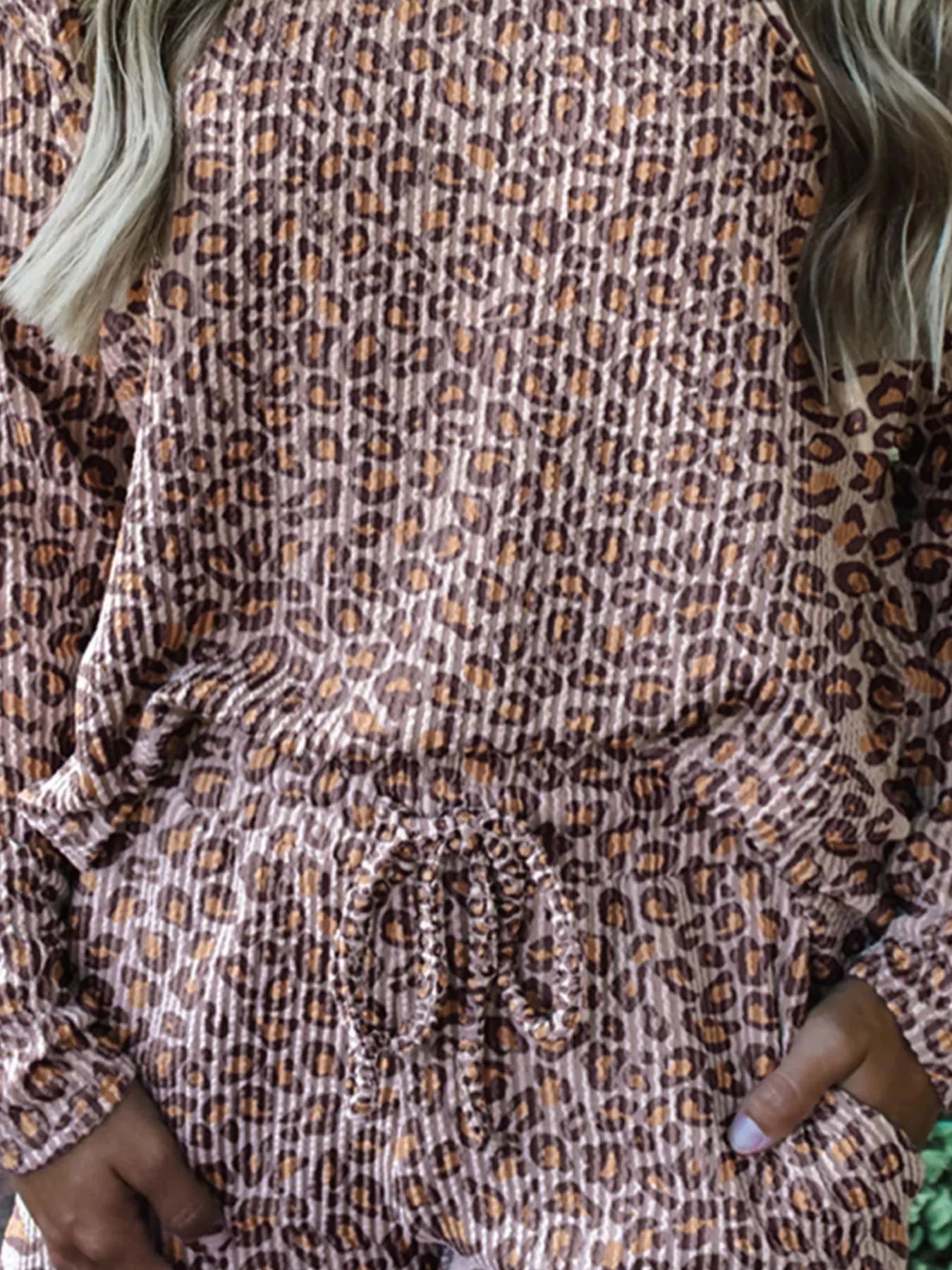 Leopard Ribbed Long Sleeve Top Drawstring Shorts 2pcs Outfit - MAD RUFFI