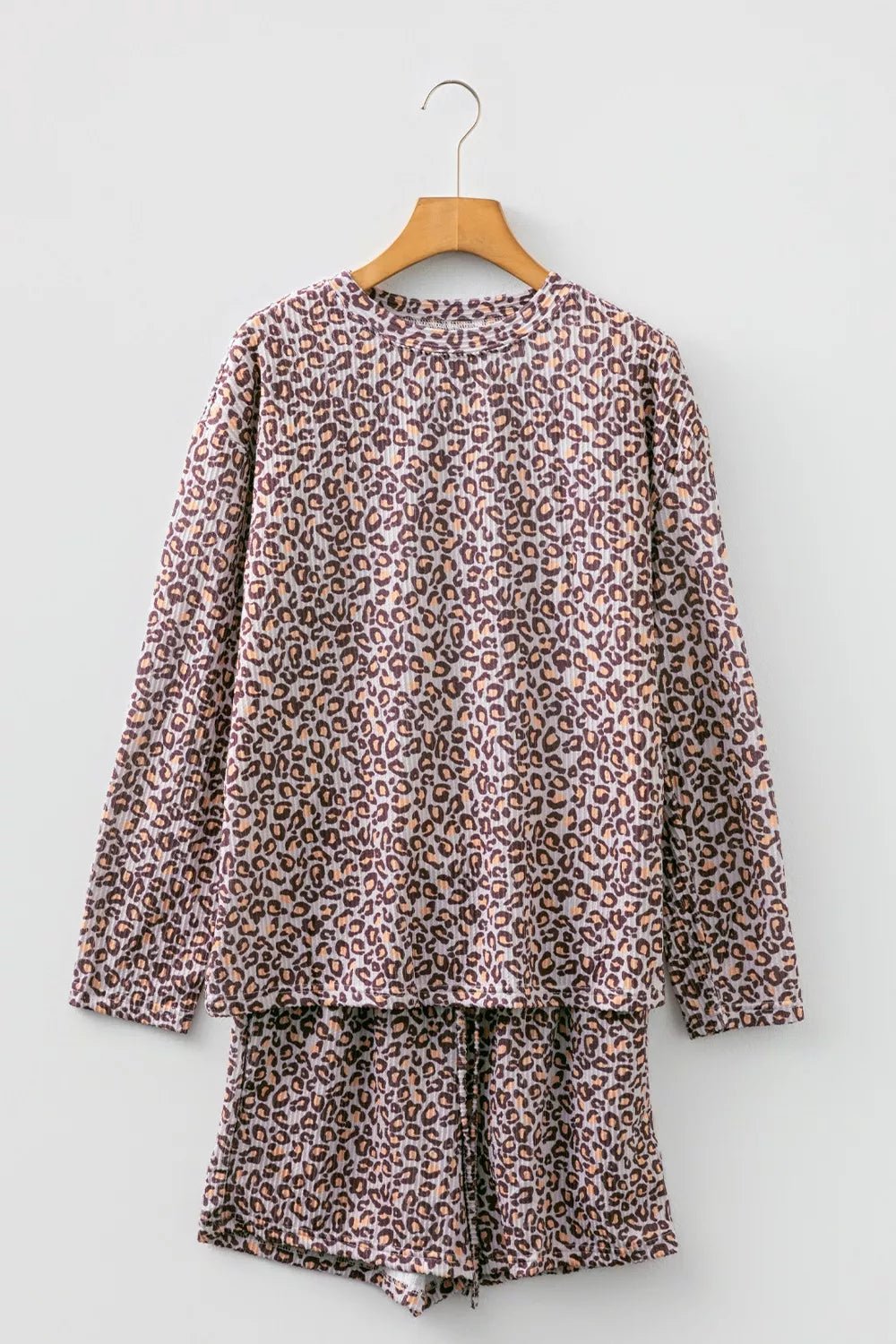 Leopard Ribbed Long Sleeve Top Drawstring Shorts 2pcs Outfit - MAD RUFFI
