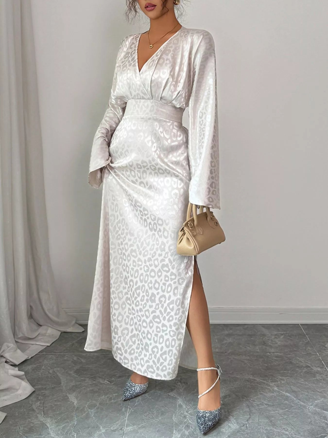 Leopard Surplice Long Sleeve Maxi Dress - MAD RUFFI