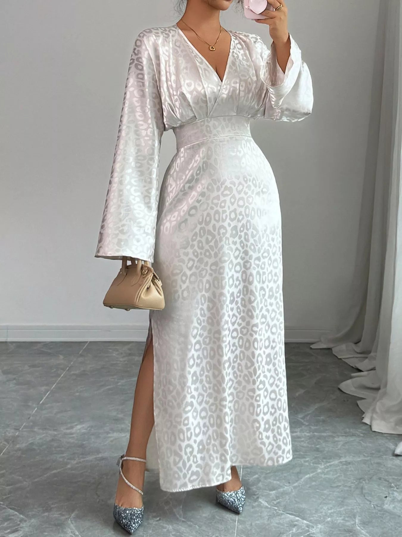 Leopard Surplice Long Sleeve Maxi Dress - MAD RUFFI