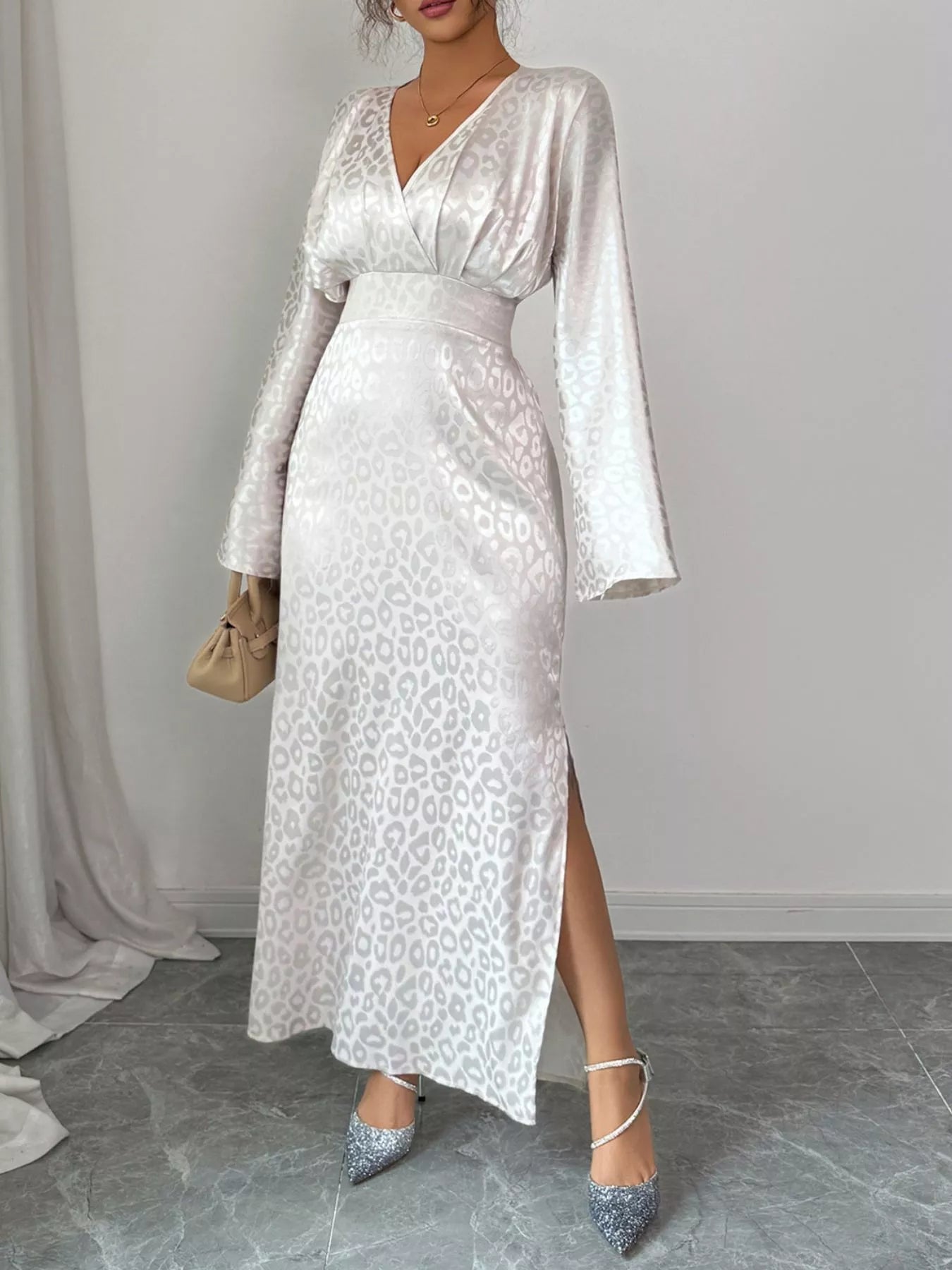 Leopard Surplice Long Sleeve Maxi Dress - MAD RUFFI