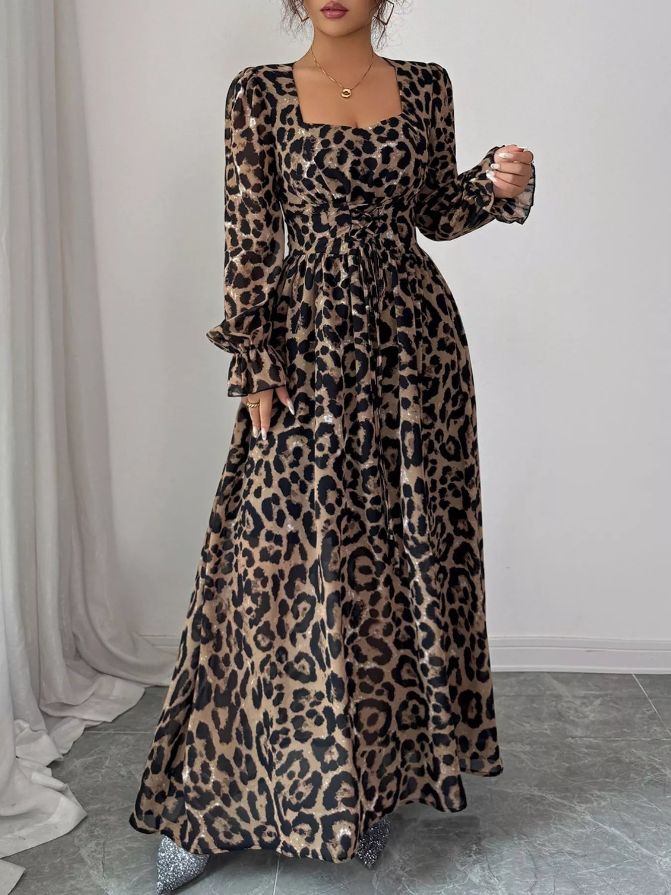 Leopard Sweetheart Neck Flounce Sleeve Maxi Dress - MAD RUFFI