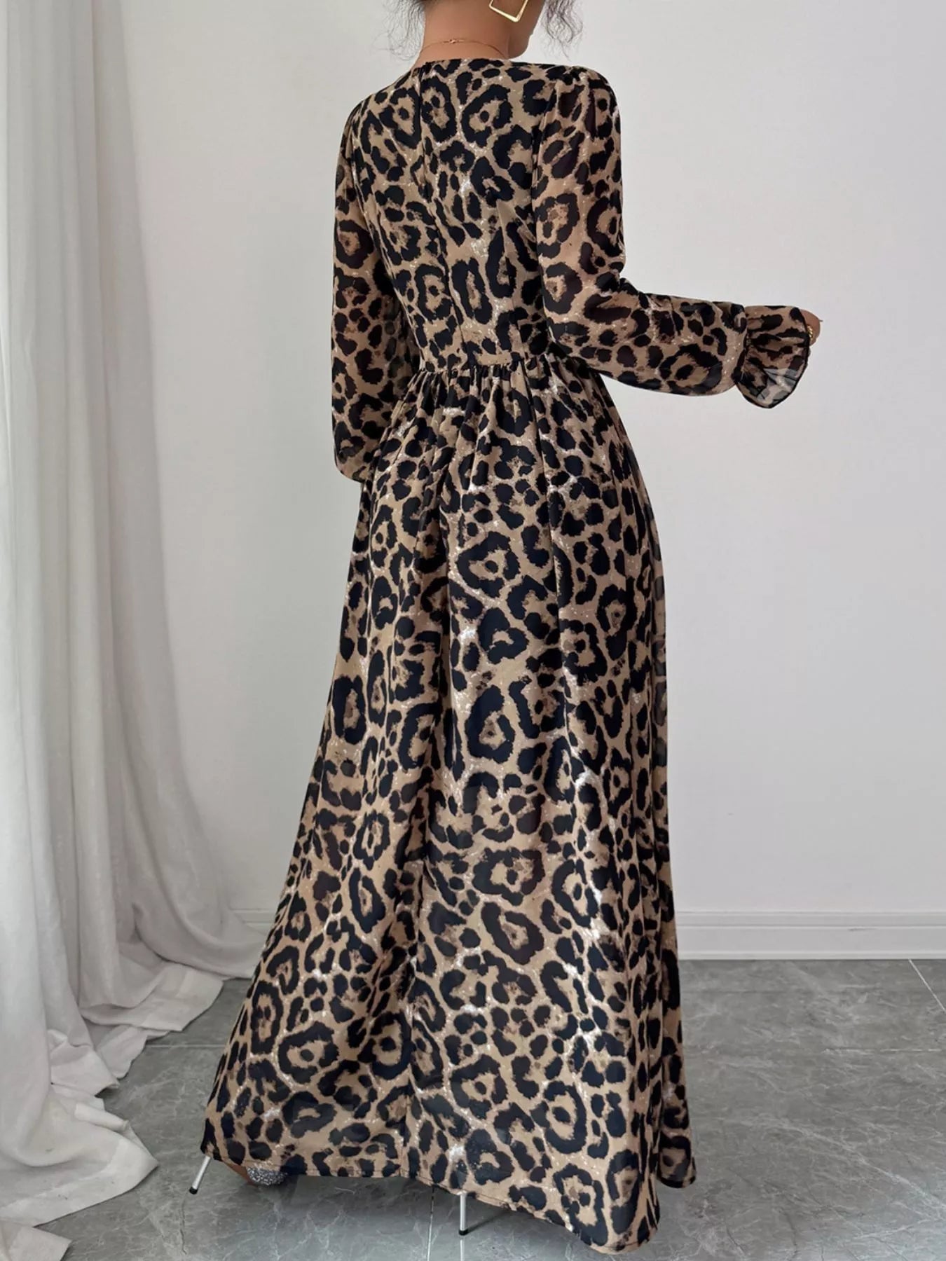 Leopard Sweetheart Neck Flounce Sleeve Maxi Dress - MAD RUFFI