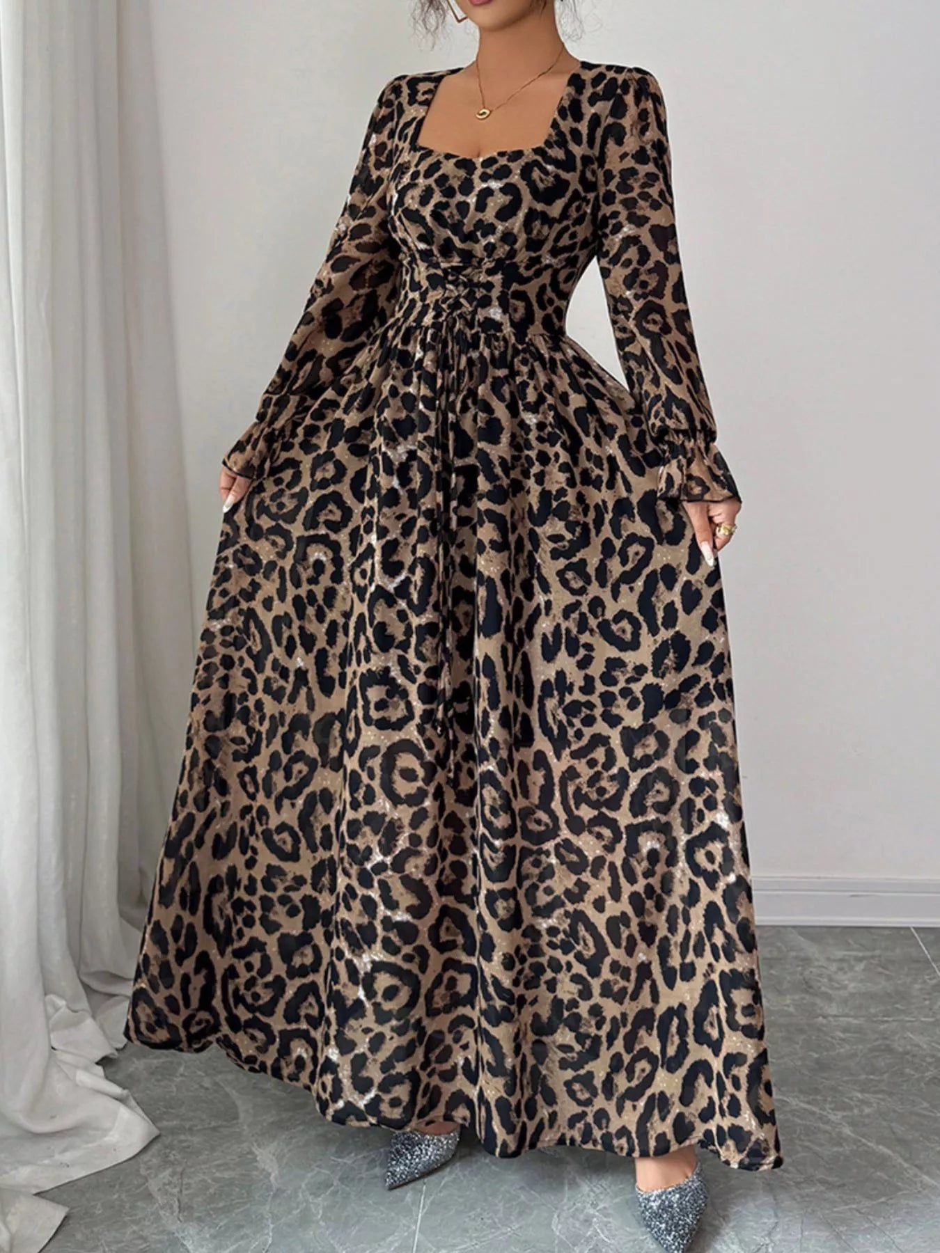 Leopard Sweetheart Neck Flounce Sleeve Maxi Dress - MAD RUFFI