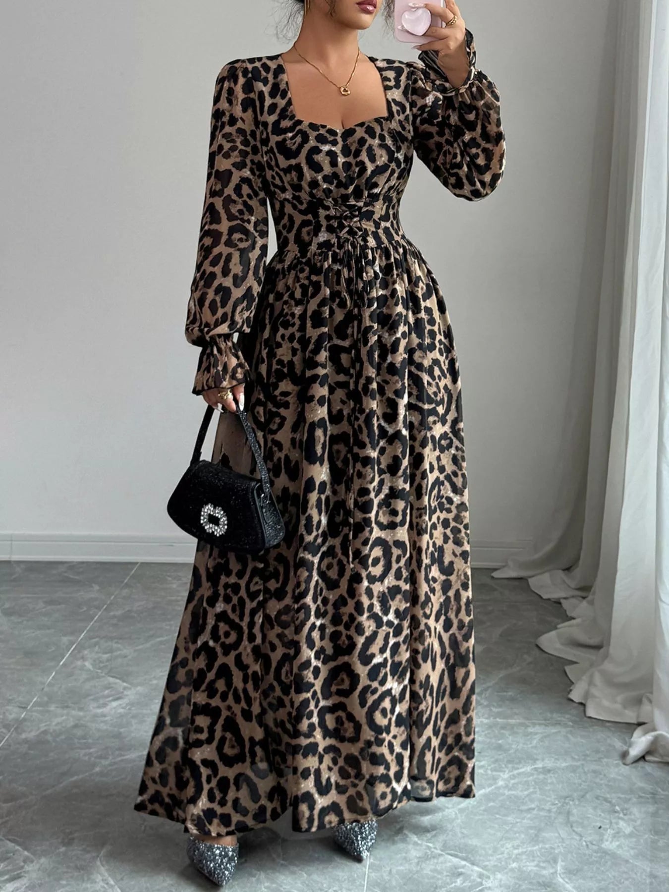Leopard Sweetheart Neck Flounce Sleeve Maxi Dress - MAD RUFFI
