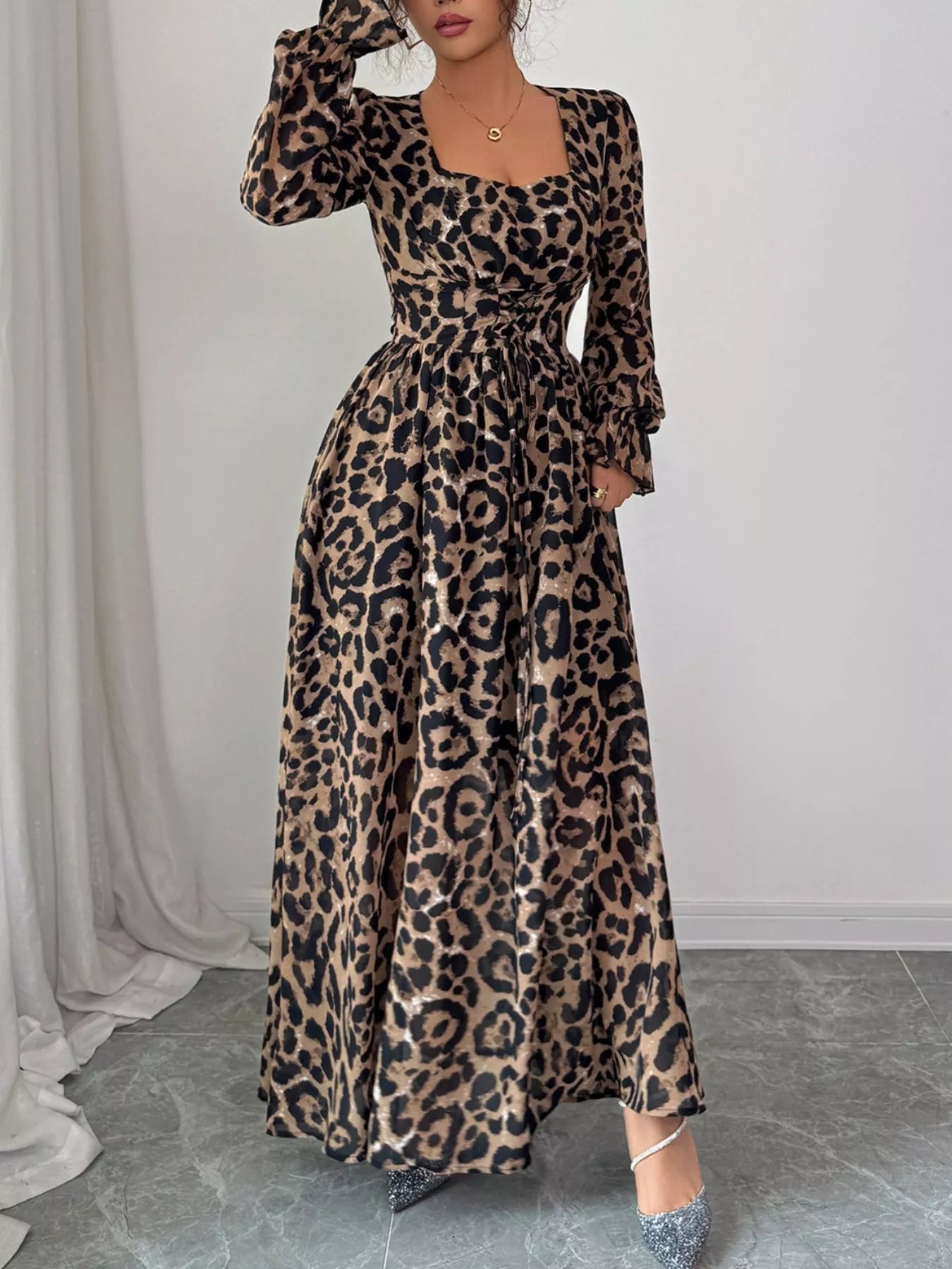 Leopard Sweetheart Neck Flounce Sleeve Maxi Dress - MAD RUFFI