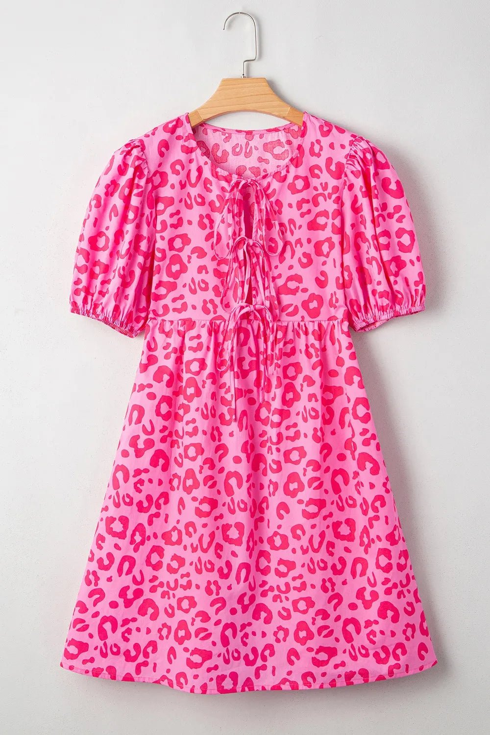 Leopard Tie Front Puff Sleeve Dress - MAD RUFFI