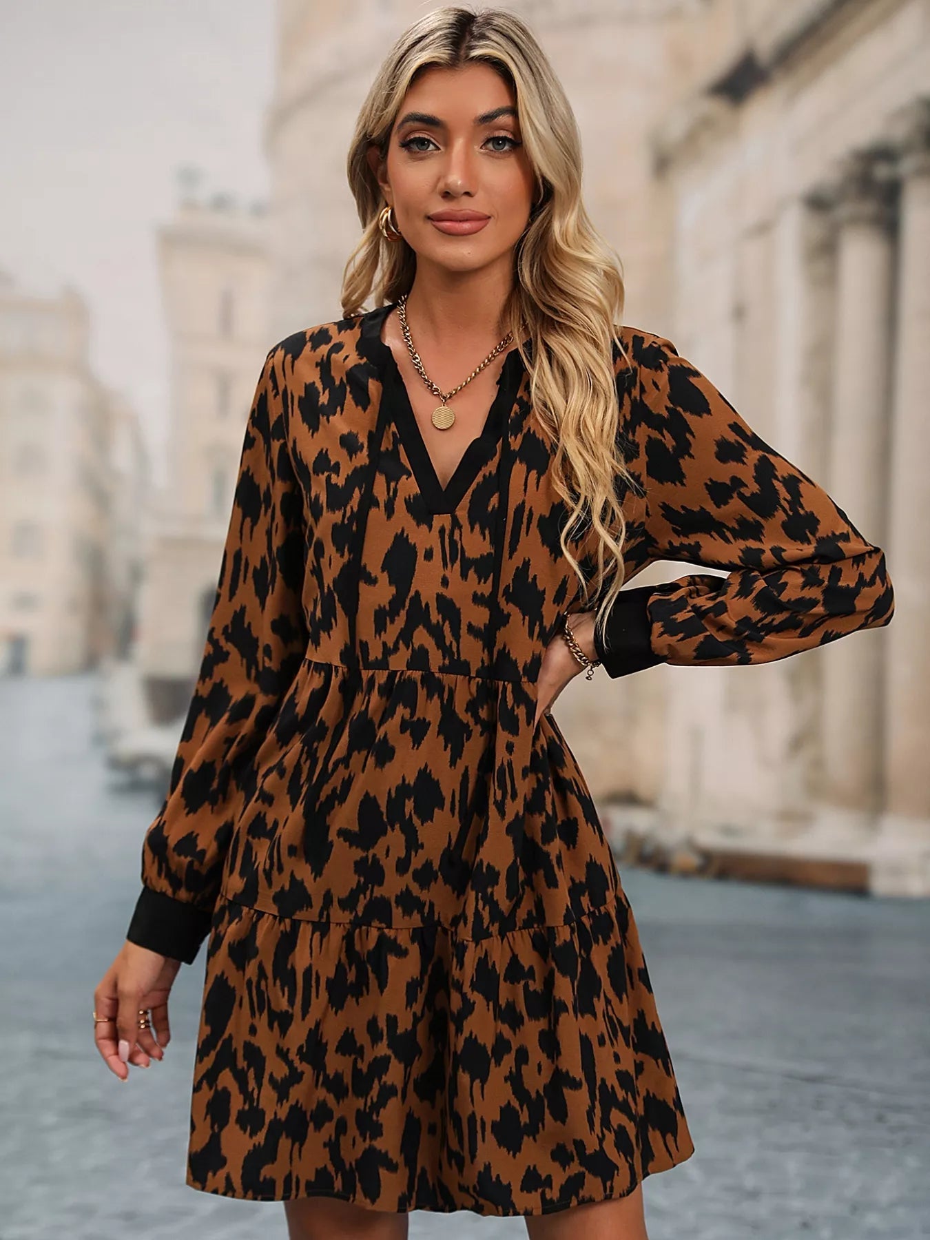 Leopard Tie Neck Long Sleeve Dress - MAD RUFFI