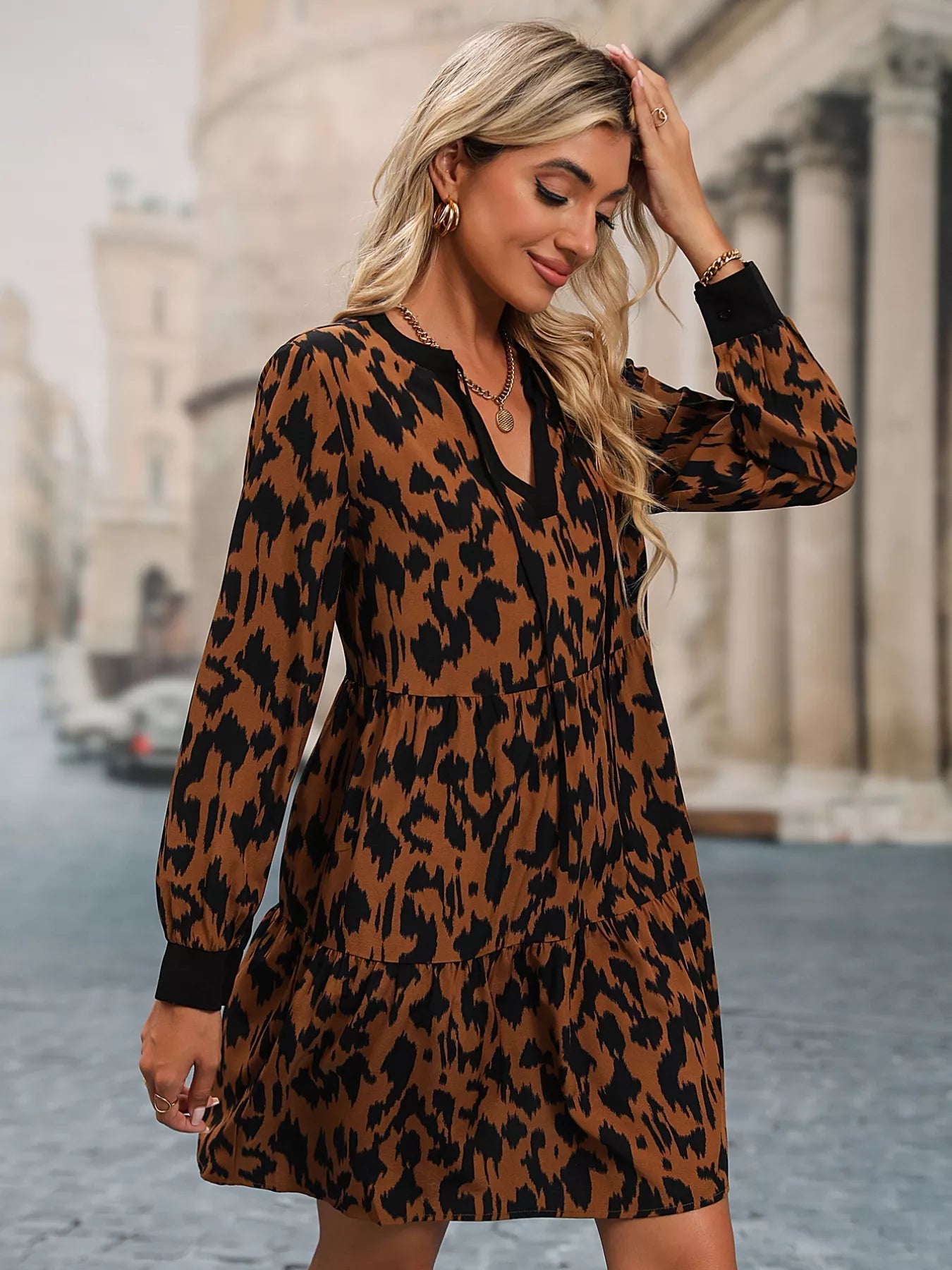 Leopard Tie Neck Long Sleeve Dress - MAD RUFFI
