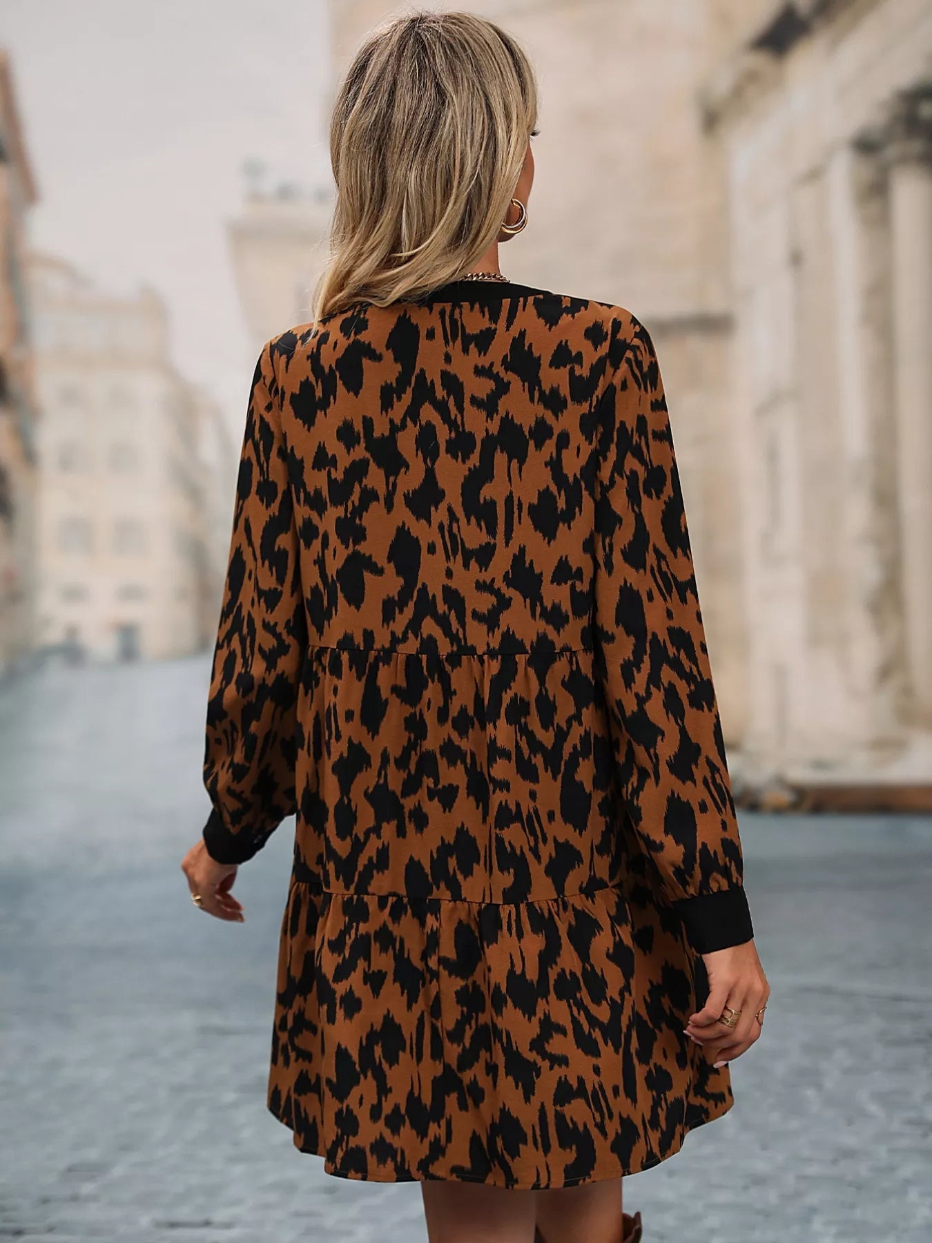 Leopard Tie Neck Long Sleeve Dress - MAD RUFFI