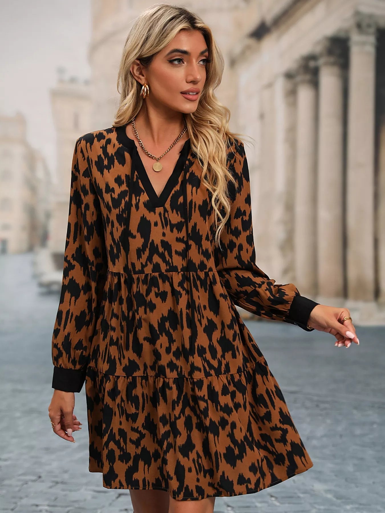 Leopard Tie Neck Long Sleeve Dress - MAD RUFFI