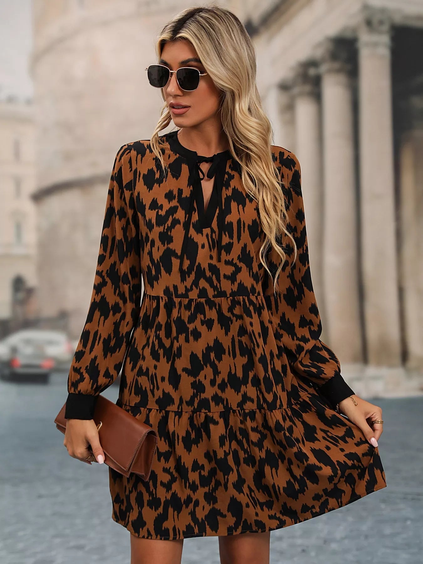 Leopard Tie Neck Long Sleeve Dress - MAD RUFFI