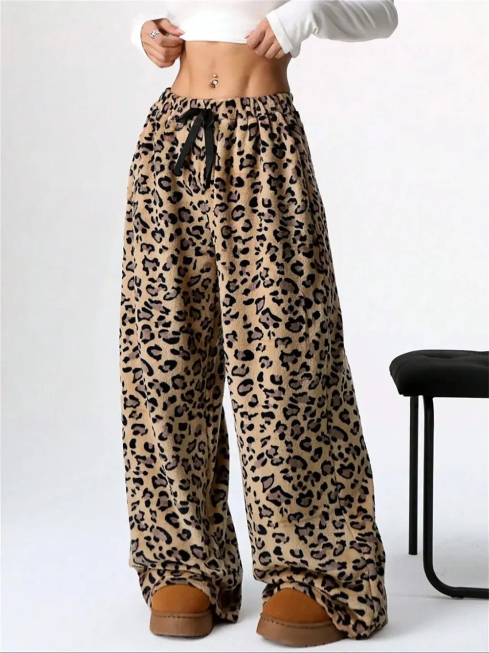 Leopard Wide Leg Plush Pants - MAD RUFFI
