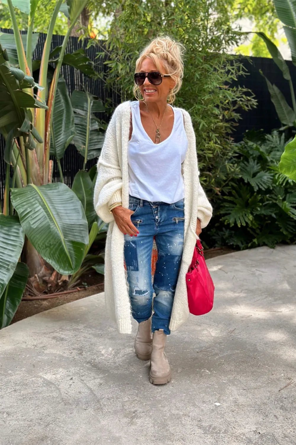 Letter Dropped Shoulder Long Sleeve Cardigan - MAD RUFFI