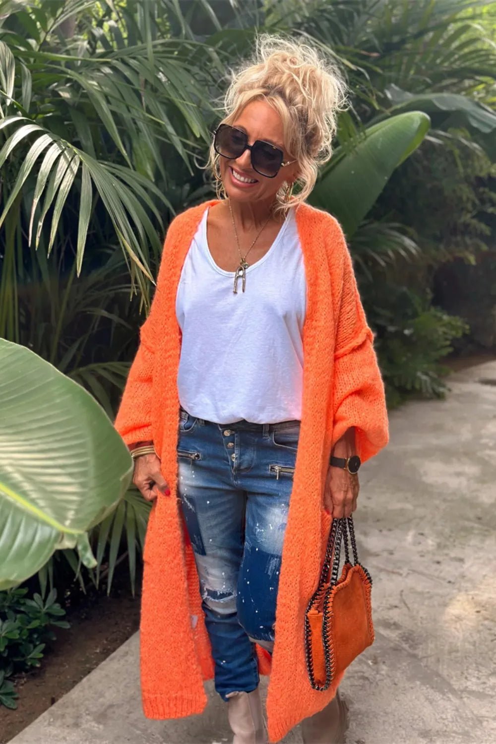 Letter Dropped Shoulder Long Sleeve Cardigan - MAD RUFFI