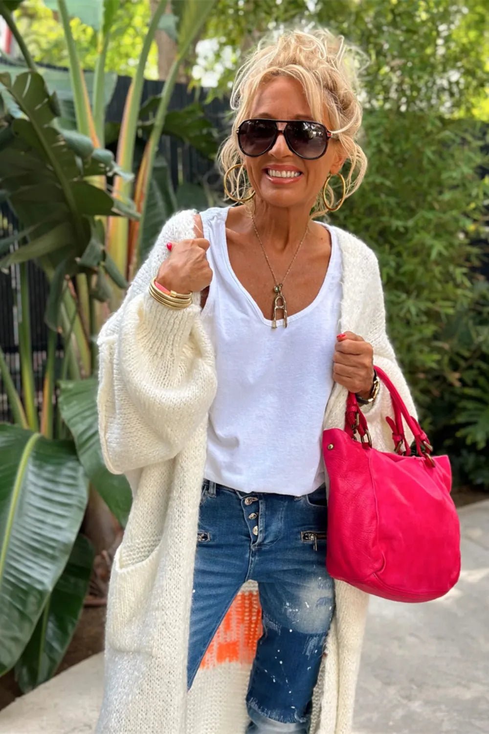 Letter Dropped Shoulder Long Sleeve Cardigan - MAD RUFFI