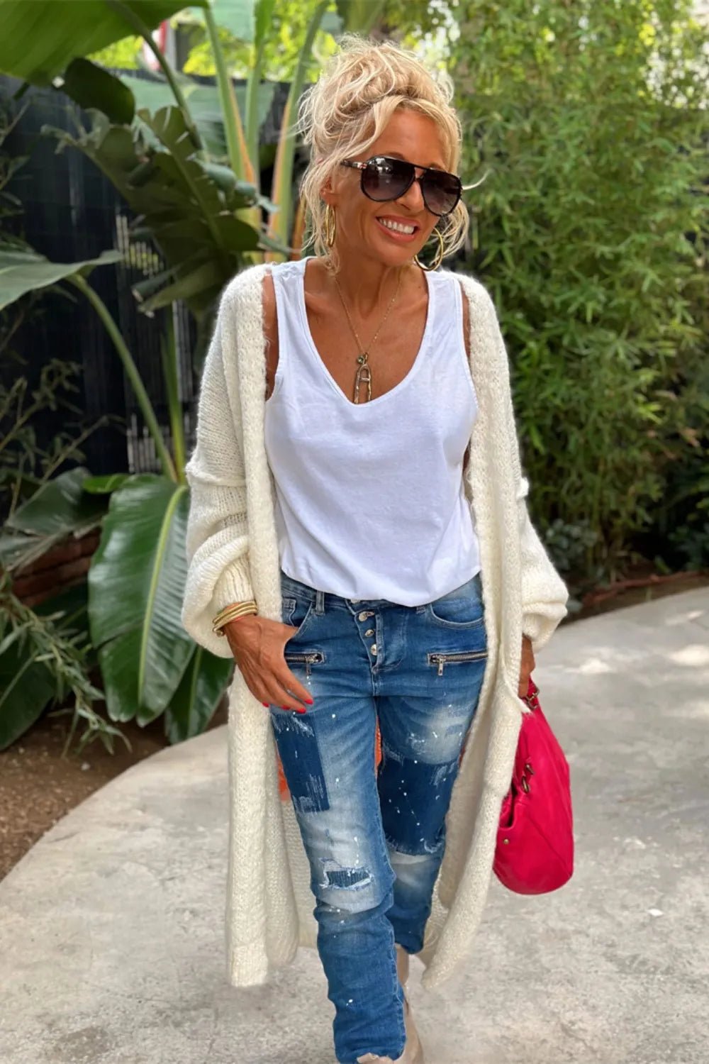 Letter Dropped Shoulder Long Sleeve Cardigan - MAD RUFFI