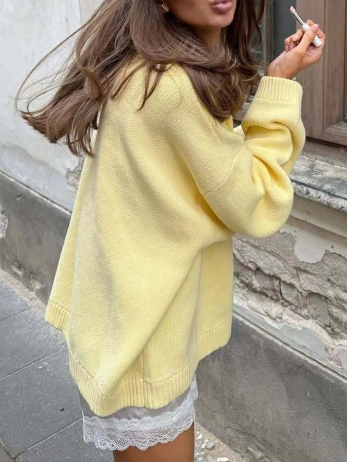 Letter Ribbed Hem Long Sleeve Sweater - MAD RUFFI