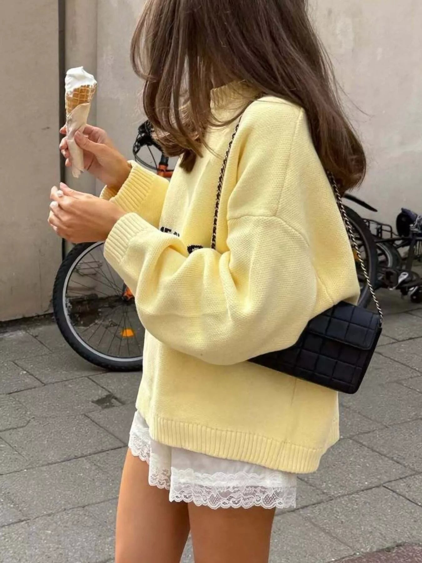 Letter Ribbed Hem Long Sleeve Sweater - MAD RUFFI