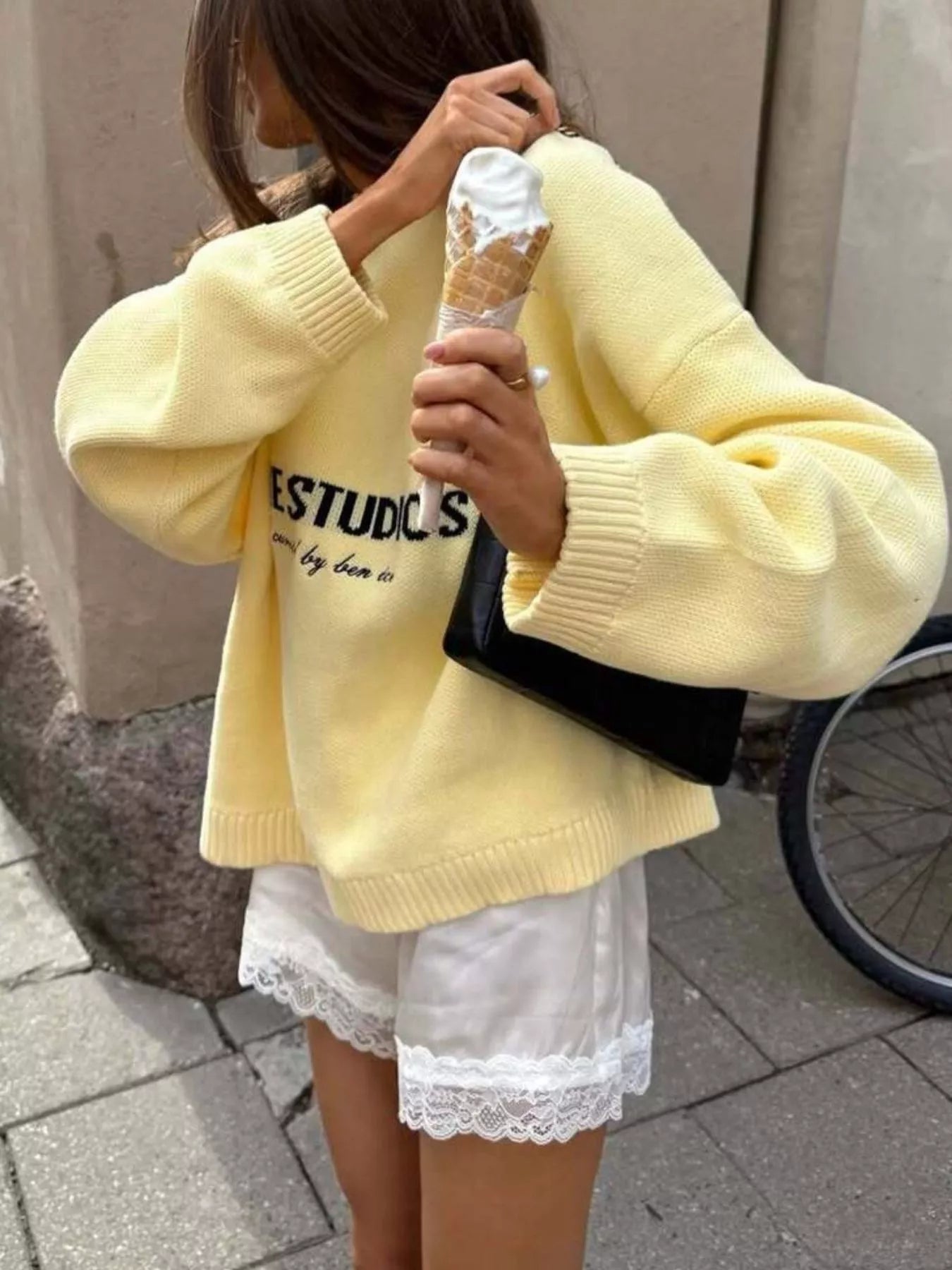 Letter Ribbed Hem Long Sleeve Sweater - MAD RUFFI