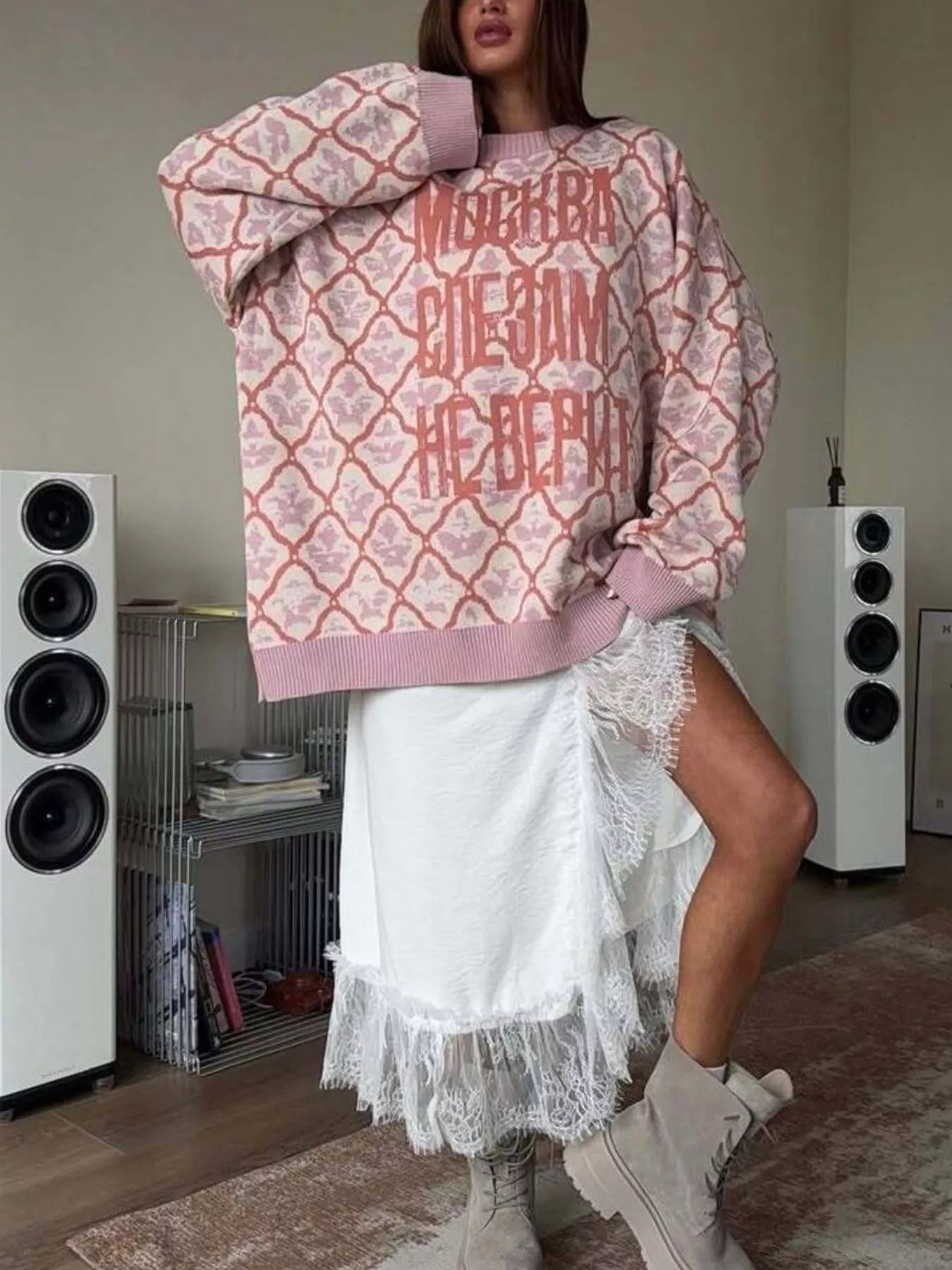 Letter Round Neck Long Sleeve Sweater - MAD RUFFI