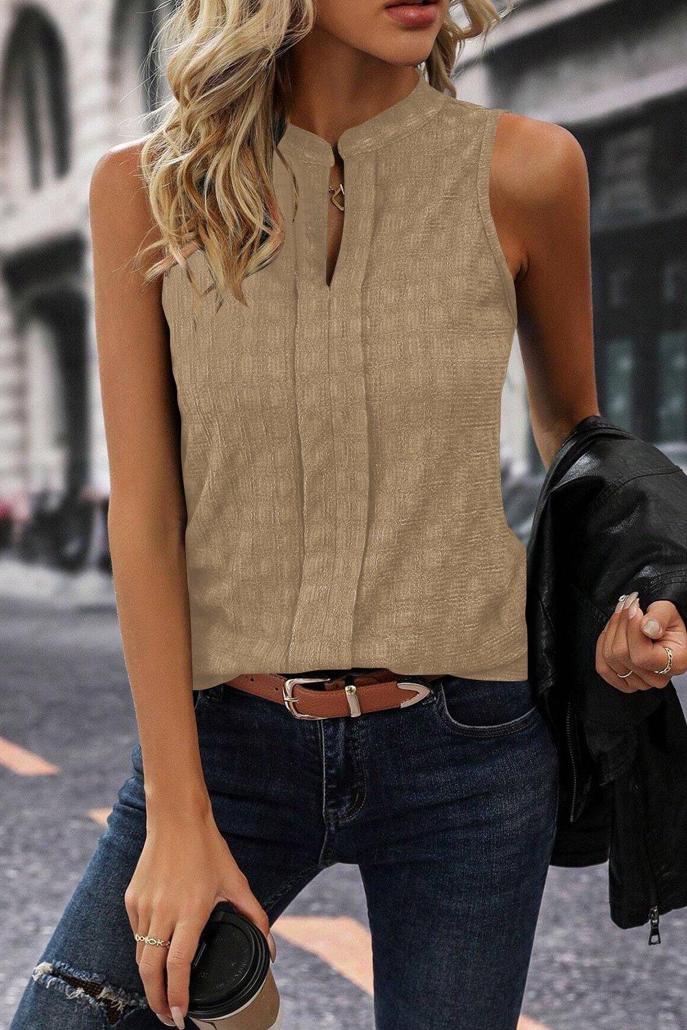 Light Beige Textured Split V Neck Sleeveless Shirt - MAD RUFFI
