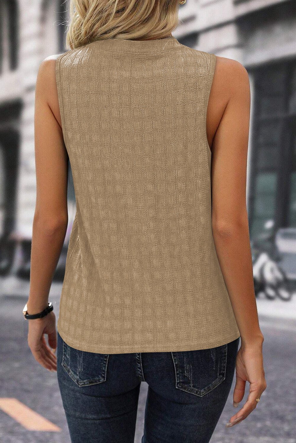 Light Beige Textured Split V Neck Sleeveless Shirt - MAD RUFFI