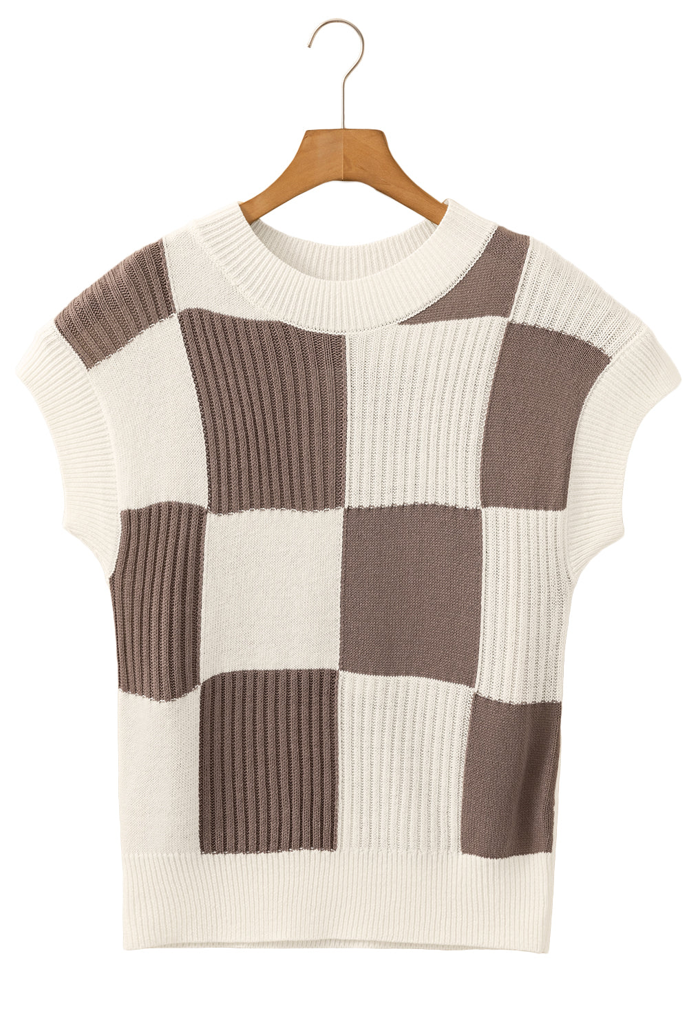 Light Blue Checkered Color Block Crew Neck Short Sleeve Sweater - MAD RUFFI