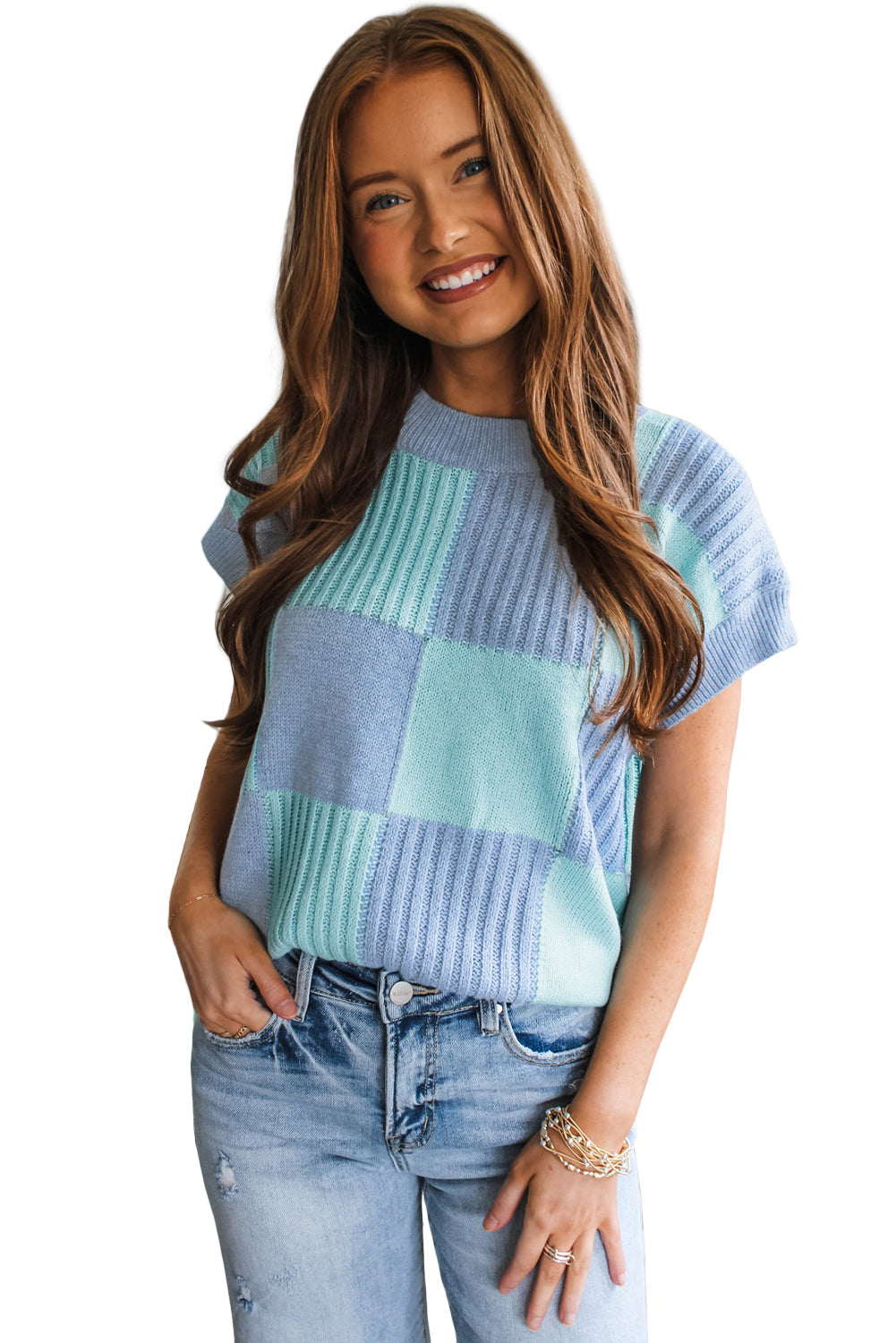 Light Blue Checkered Color Block Crew Neck Short Sleeve Sweater - MAD RUFFI