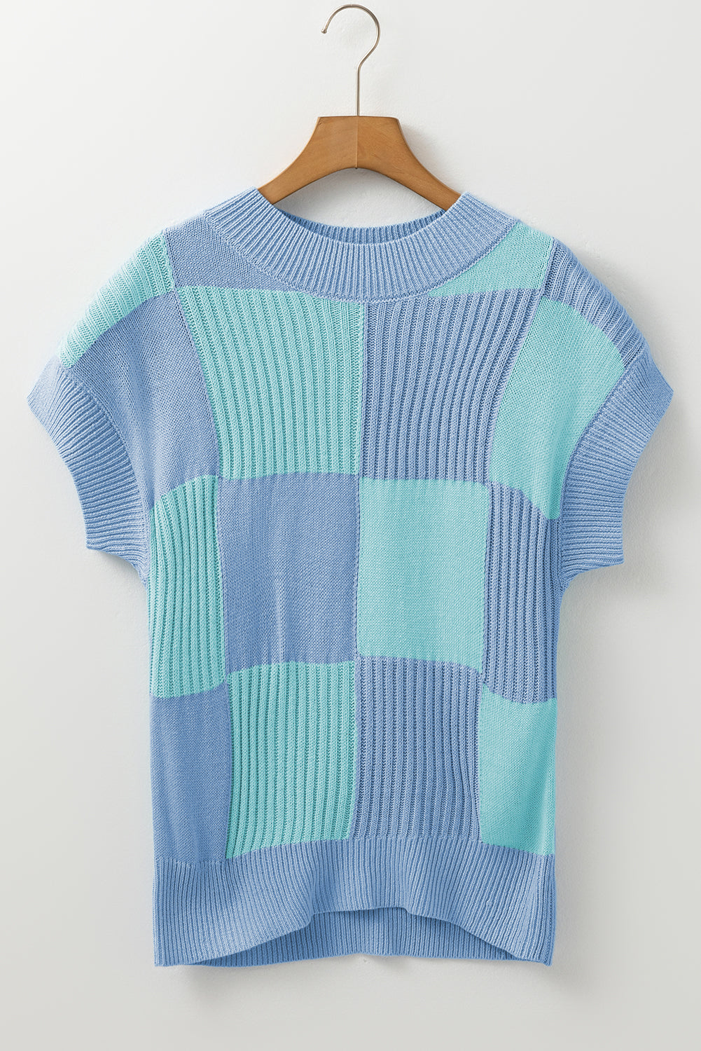 Light Blue Checkered Color Block Crew Neck Short Sleeve Sweater - MAD RUFFI