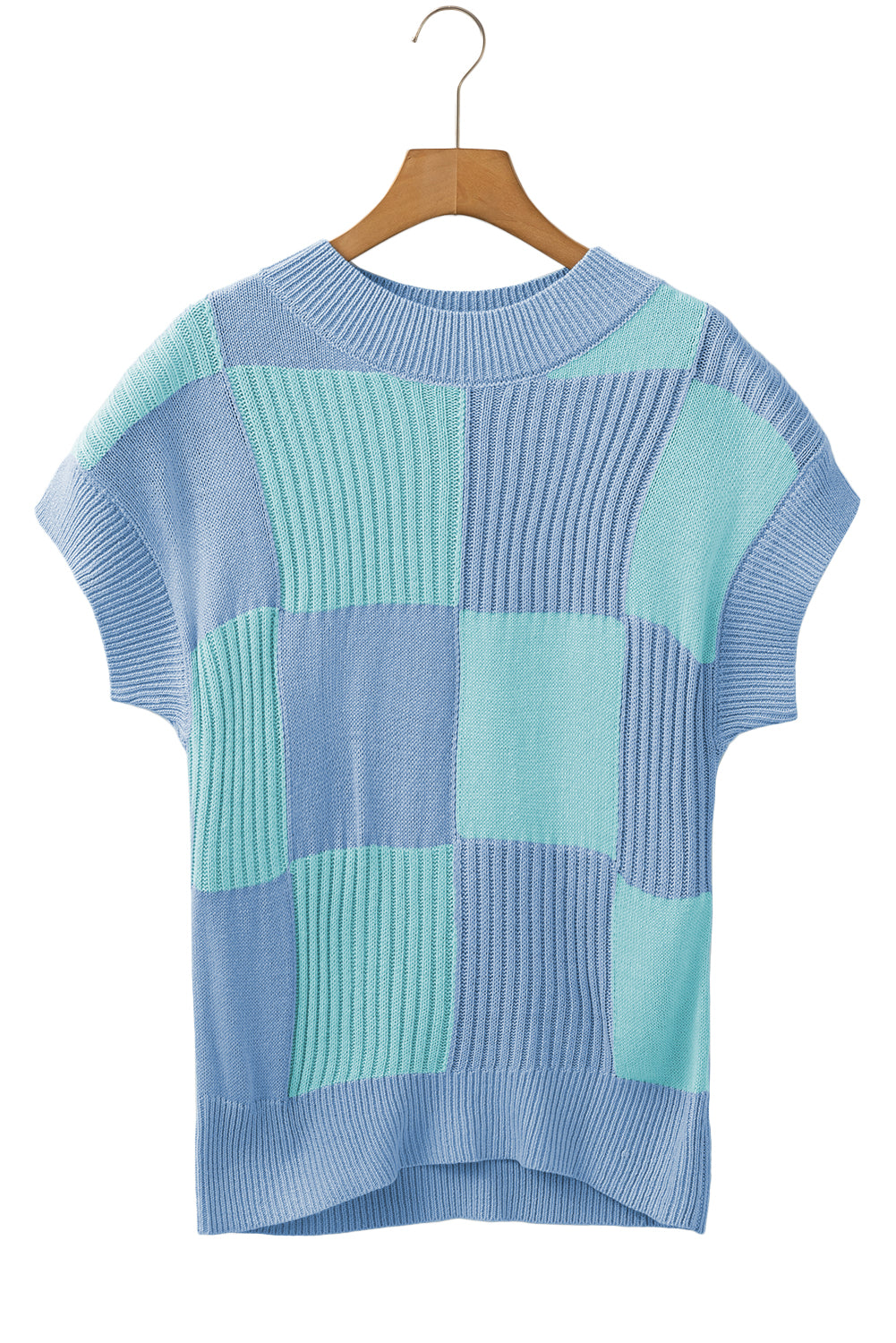 Light Blue Checkered Color Block Crew Neck Short Sleeve Sweater - MAD RUFFI