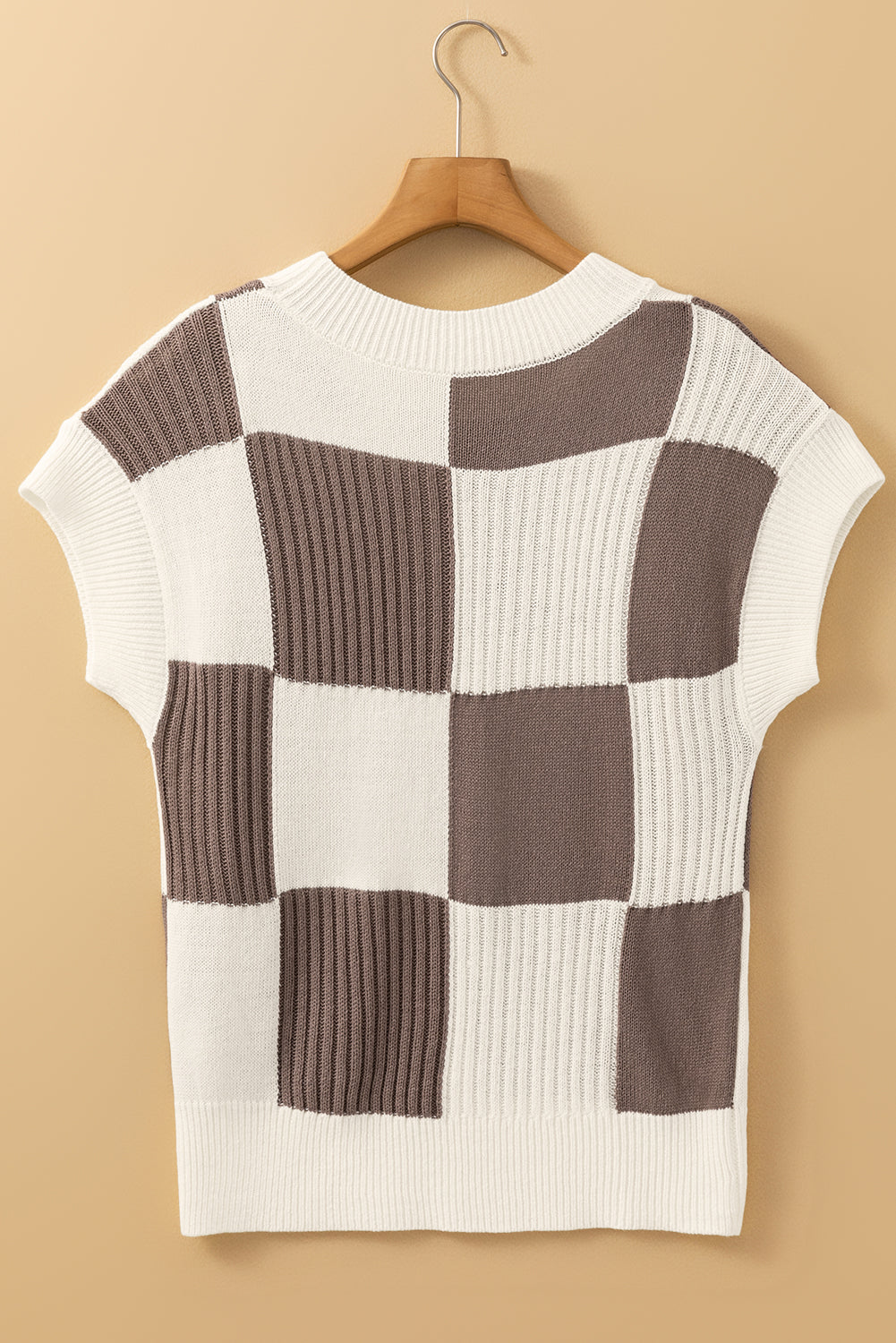 Light Blue Checkered Color Block Crew Neck Short Sleeve Sweater - MAD RUFFI