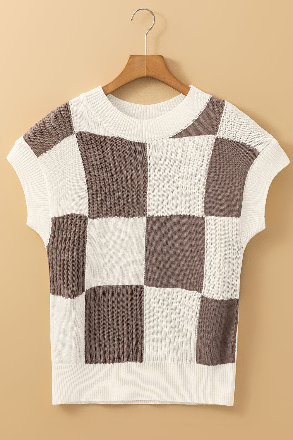 Light Blue Checkered Color Block Crew Neck Short Sleeve Sweater - MAD RUFFI