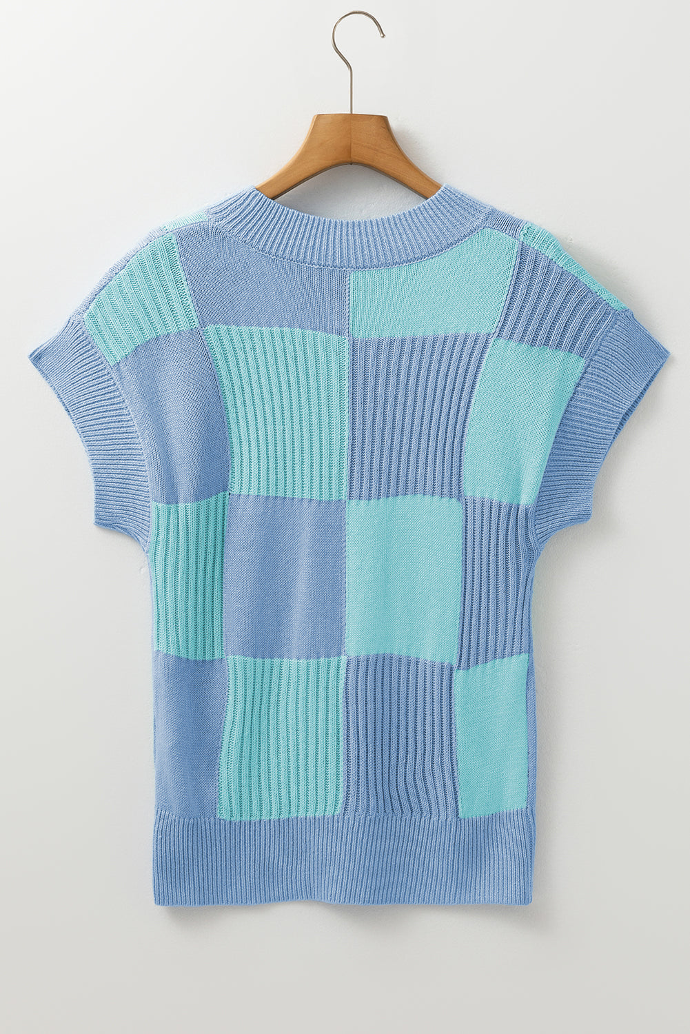 Light Blue Checkered Color Block Crew Neck Short Sleeve Sweater - MAD RUFFI